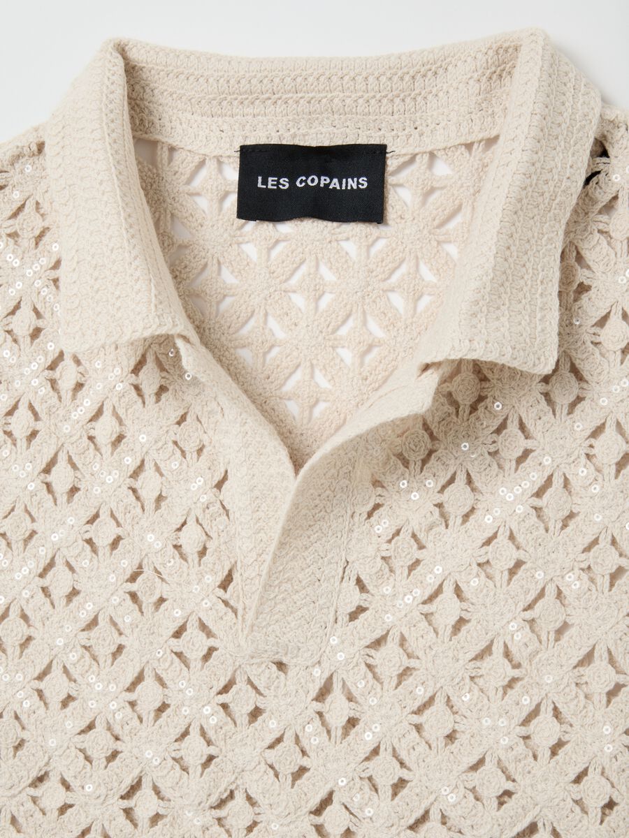 Beige fitted women's top in cotton blend with sequins_5