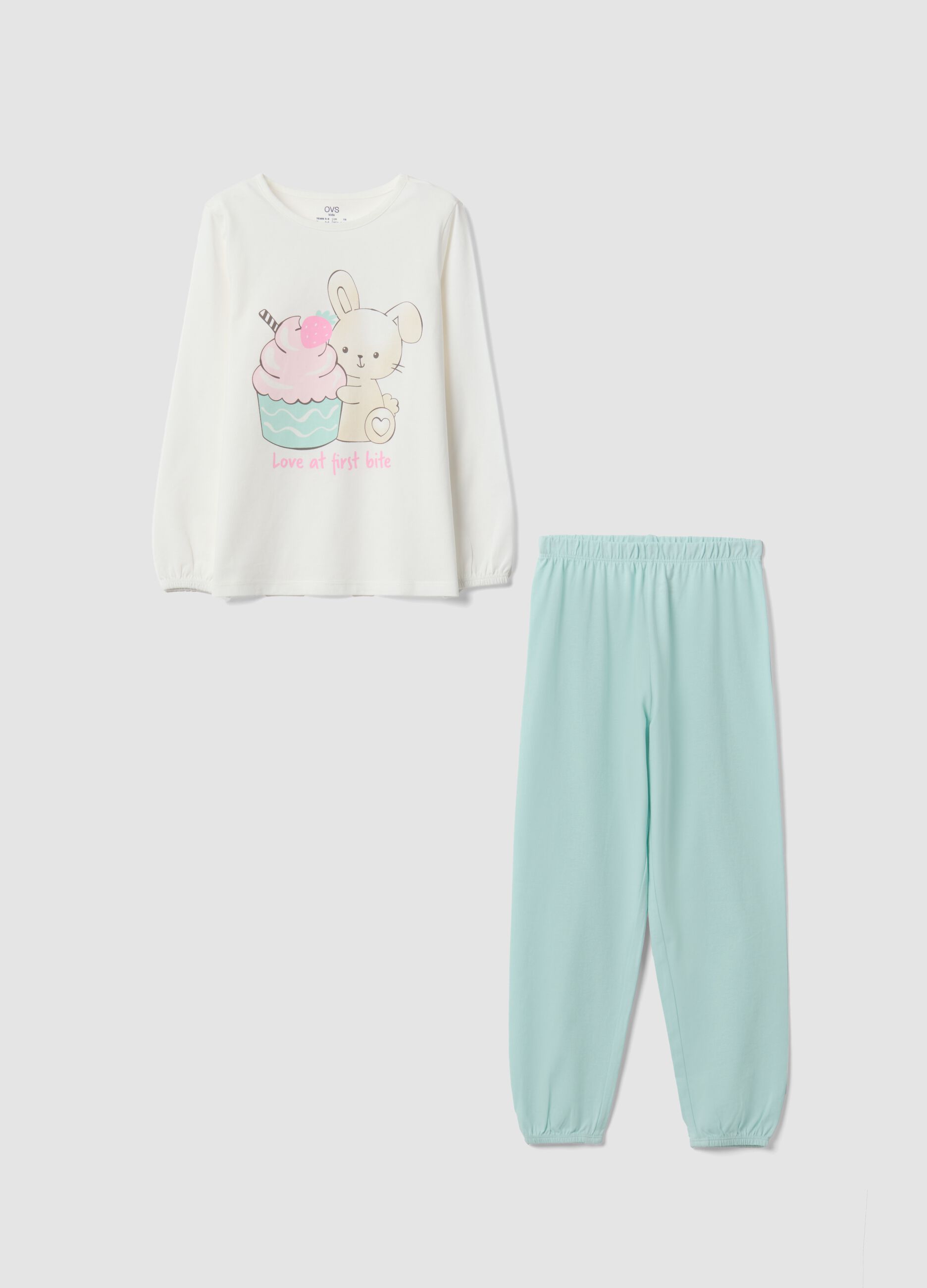 Multicolour organic cotton pyjamas with crew neck and bunny print