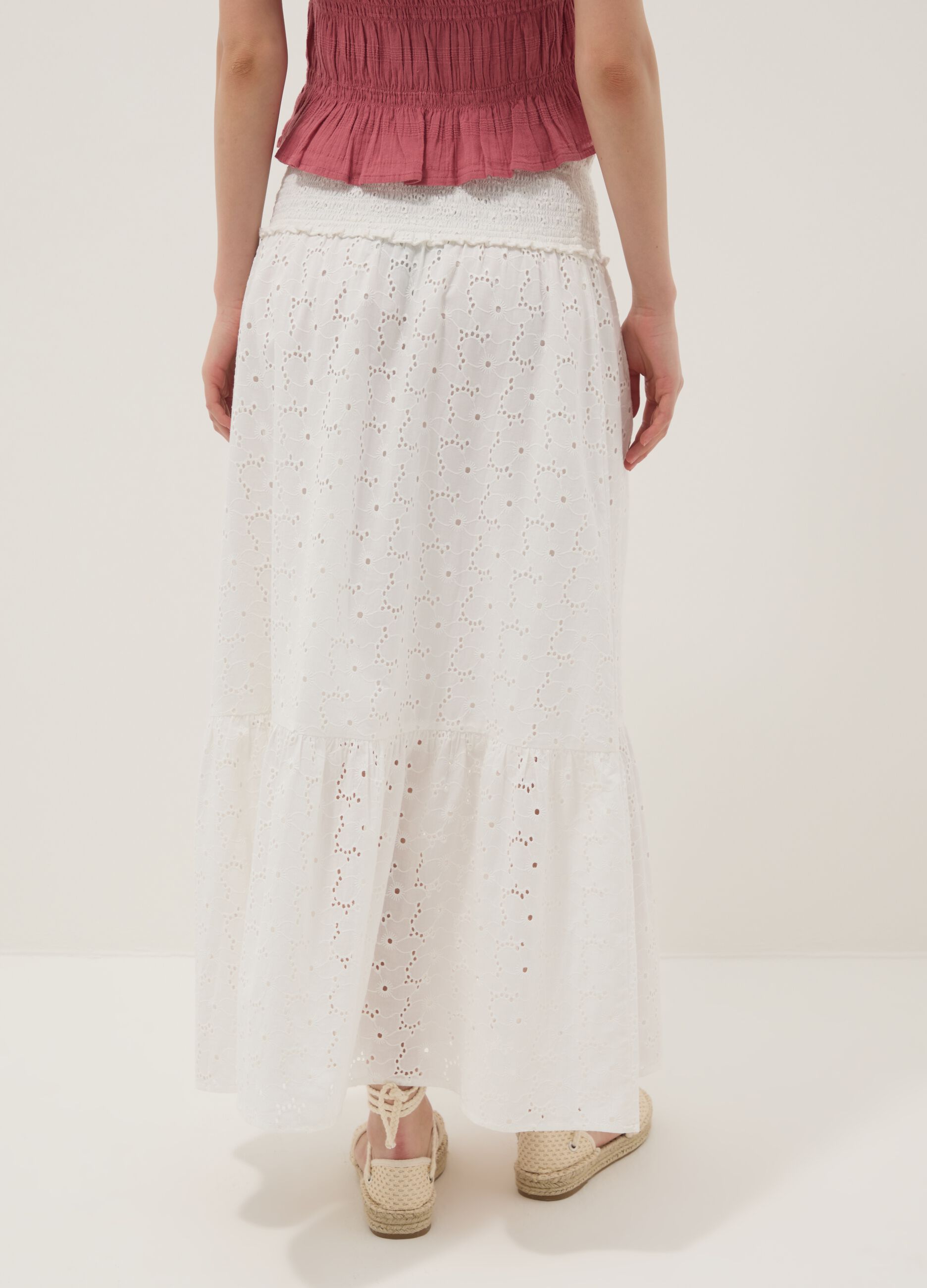 Long white broderie anglaise skirt in pure cotton