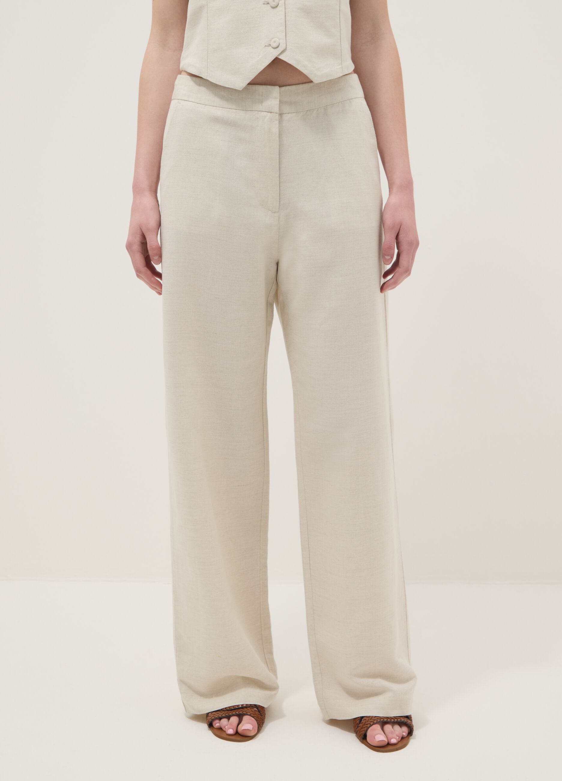 Beige linen and viscose blend straight fit trousers