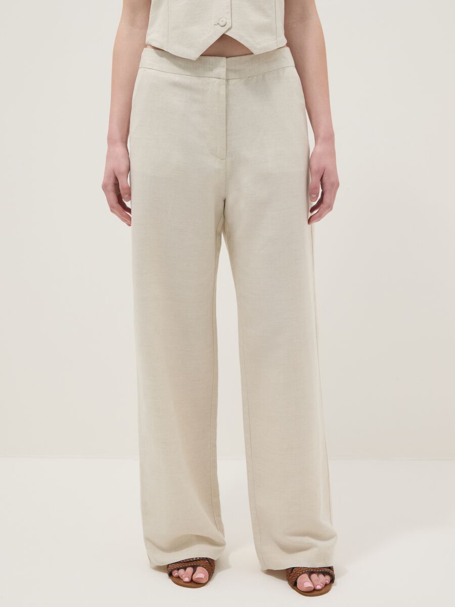 Beige linen and viscose blend straight fit trousers_1