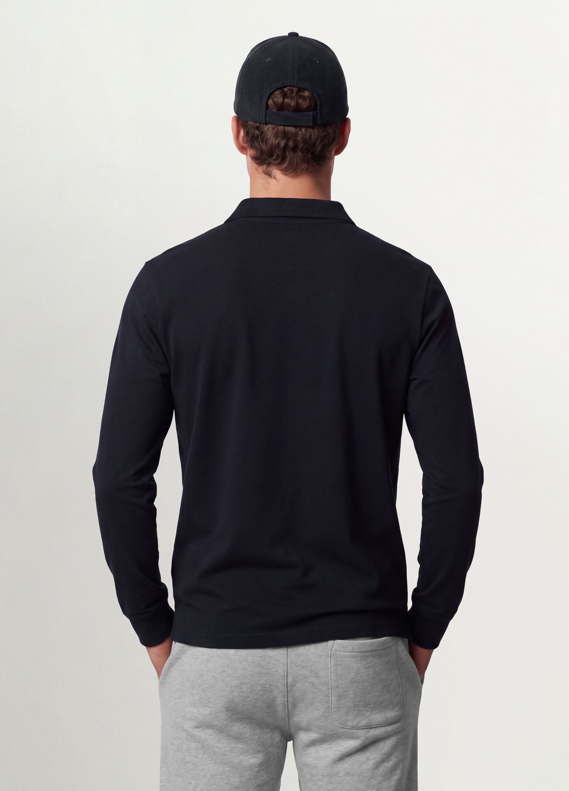 Blue long-sleeve organic cotton piqu&eacute; polo shirt, regular fit