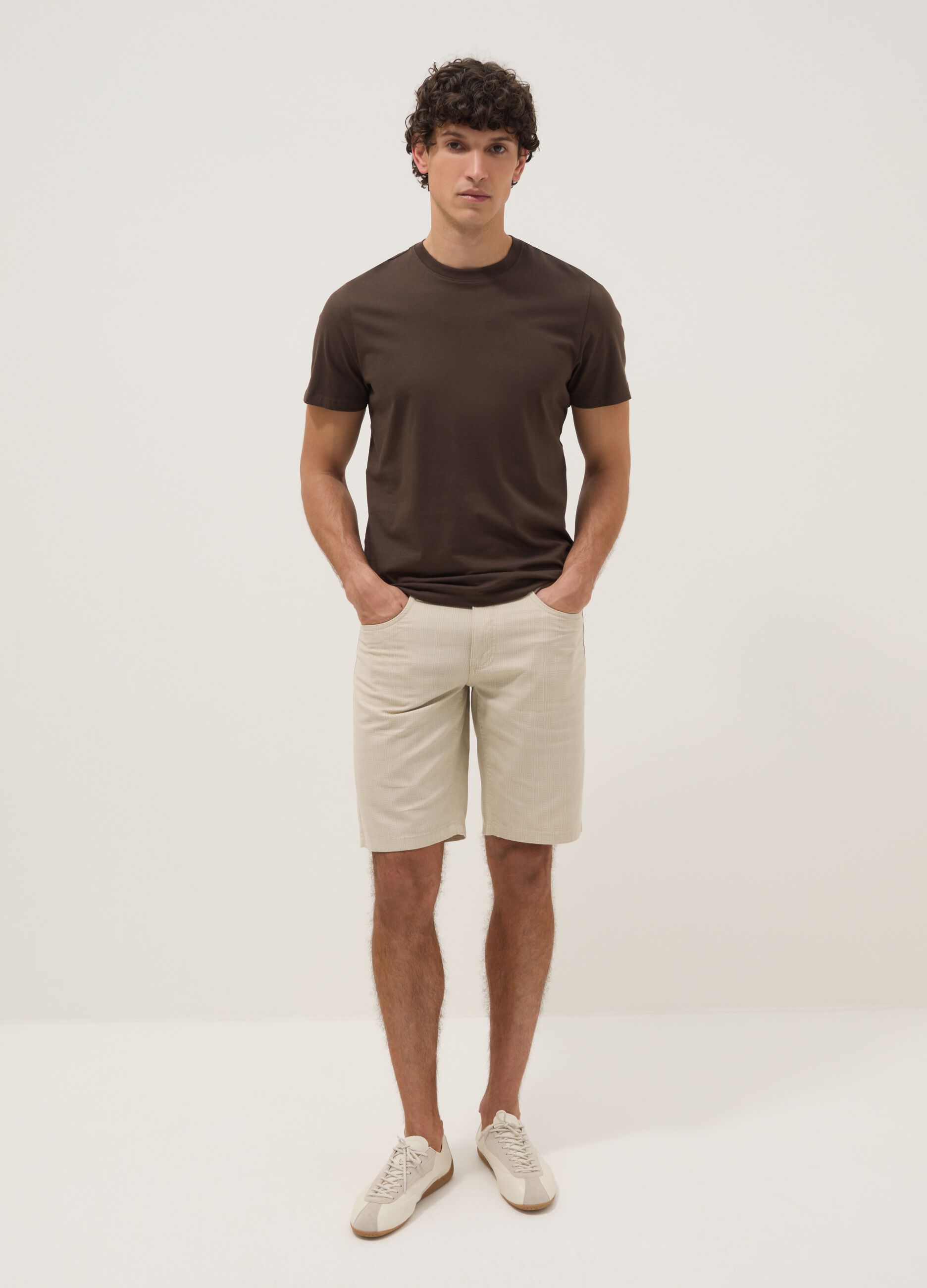 Beige pure cotton regular-fit Bermuda shorts
