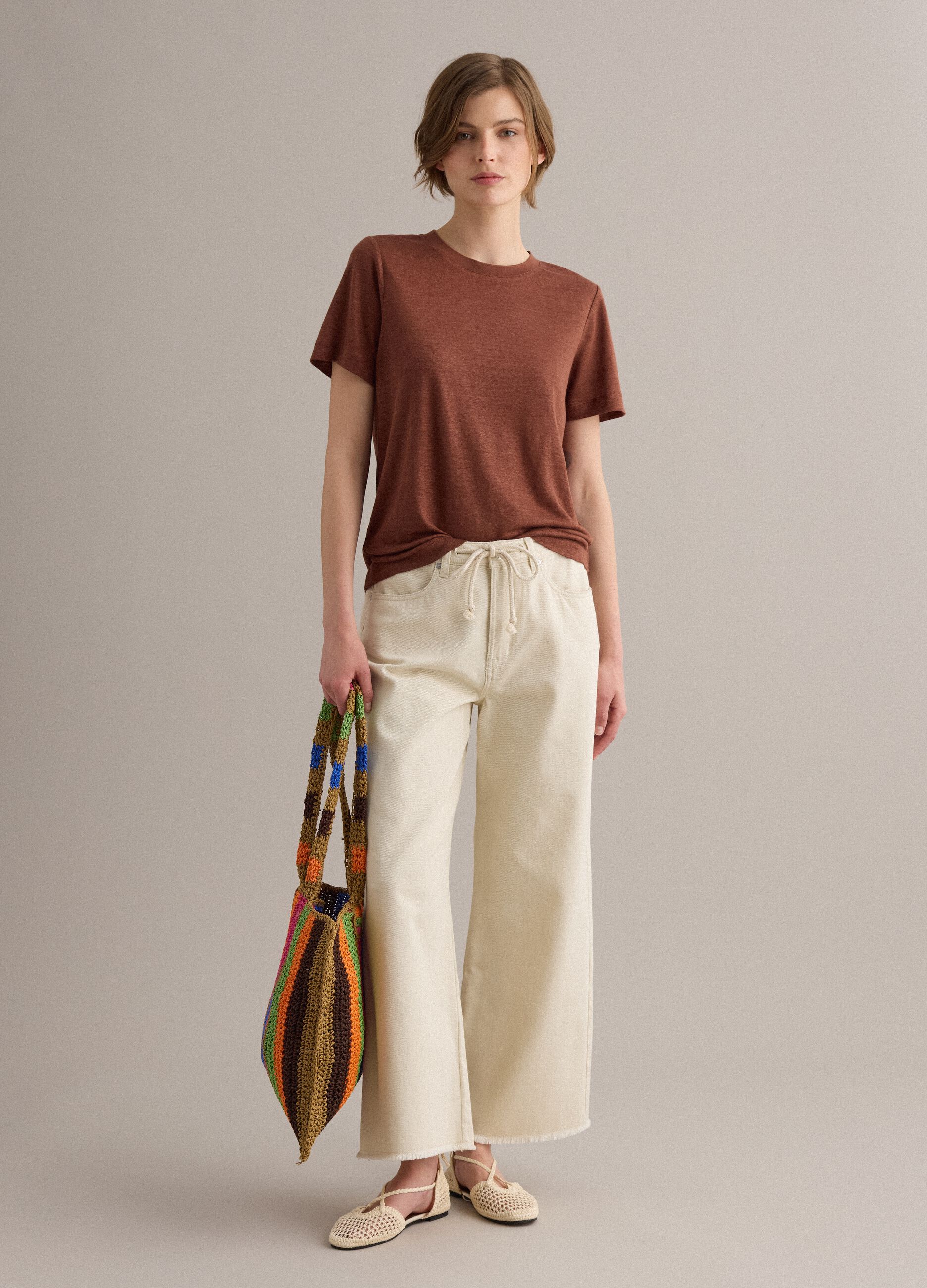 Brown pure linen short-sleeve regular-fit T-shirt