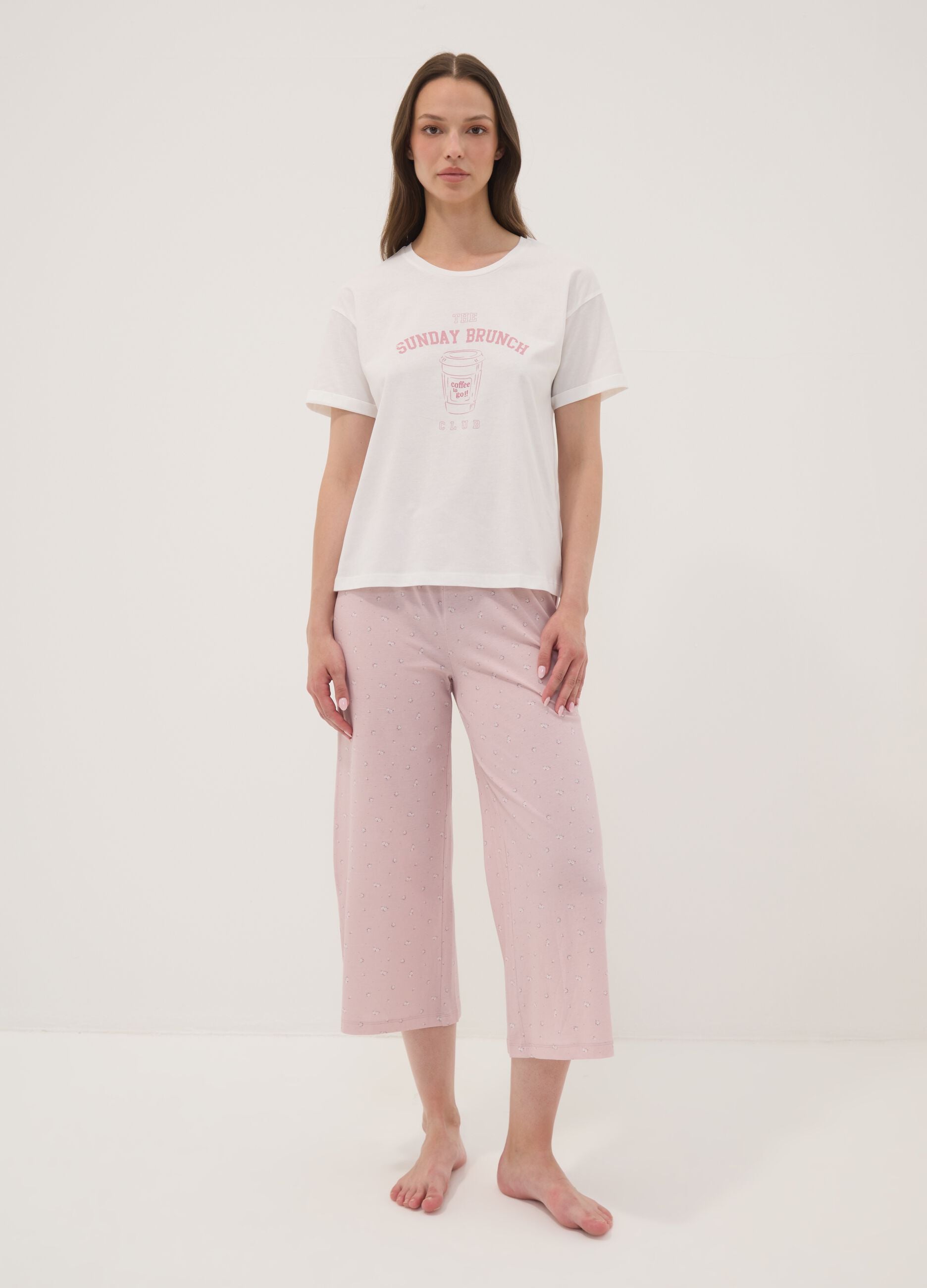 T-shirt pigiama bianco in cotone organico con scritte frontali