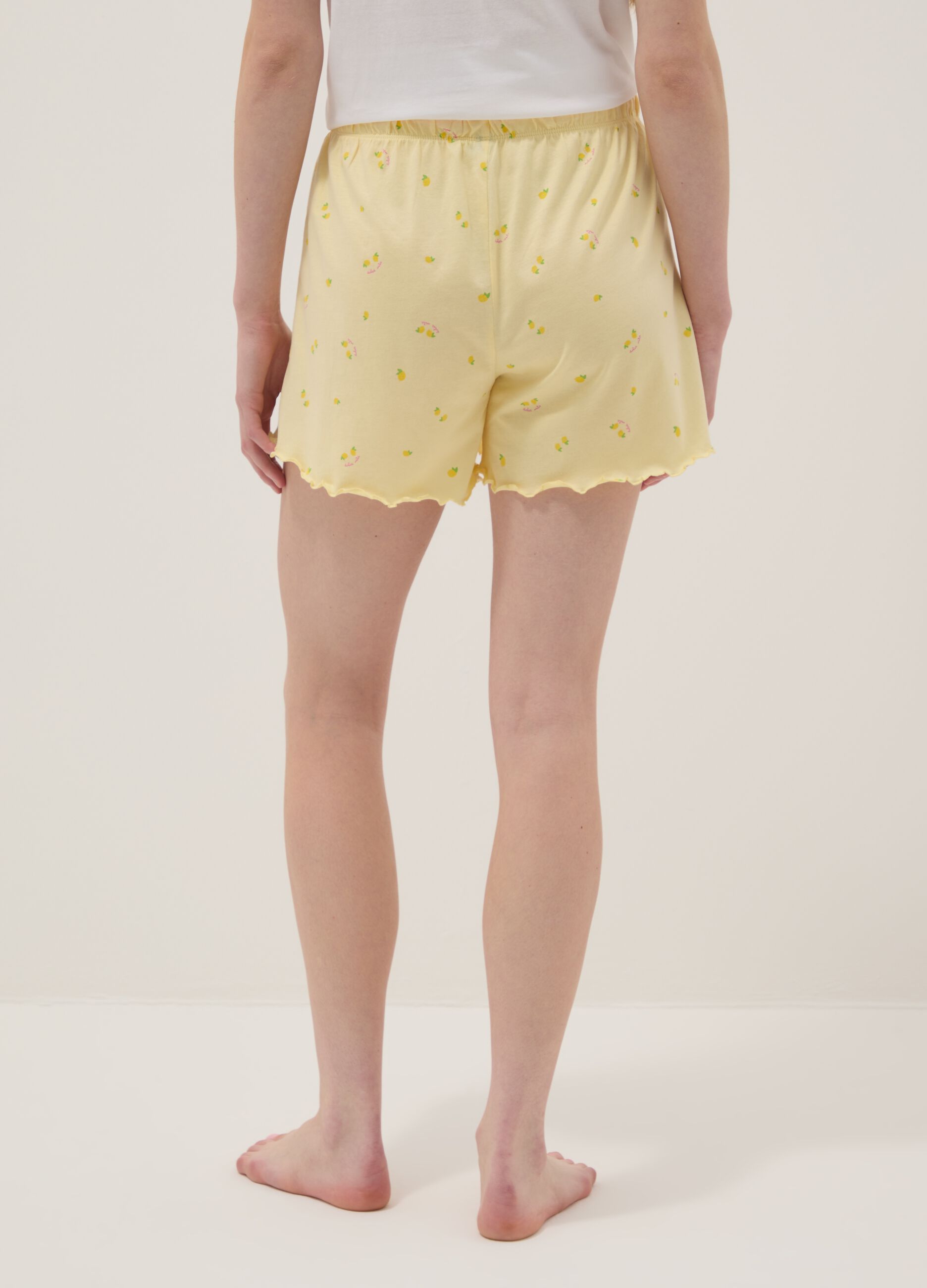 Shorts pigiama giallo in puro cotone con stampe limoni e coulisse rosa