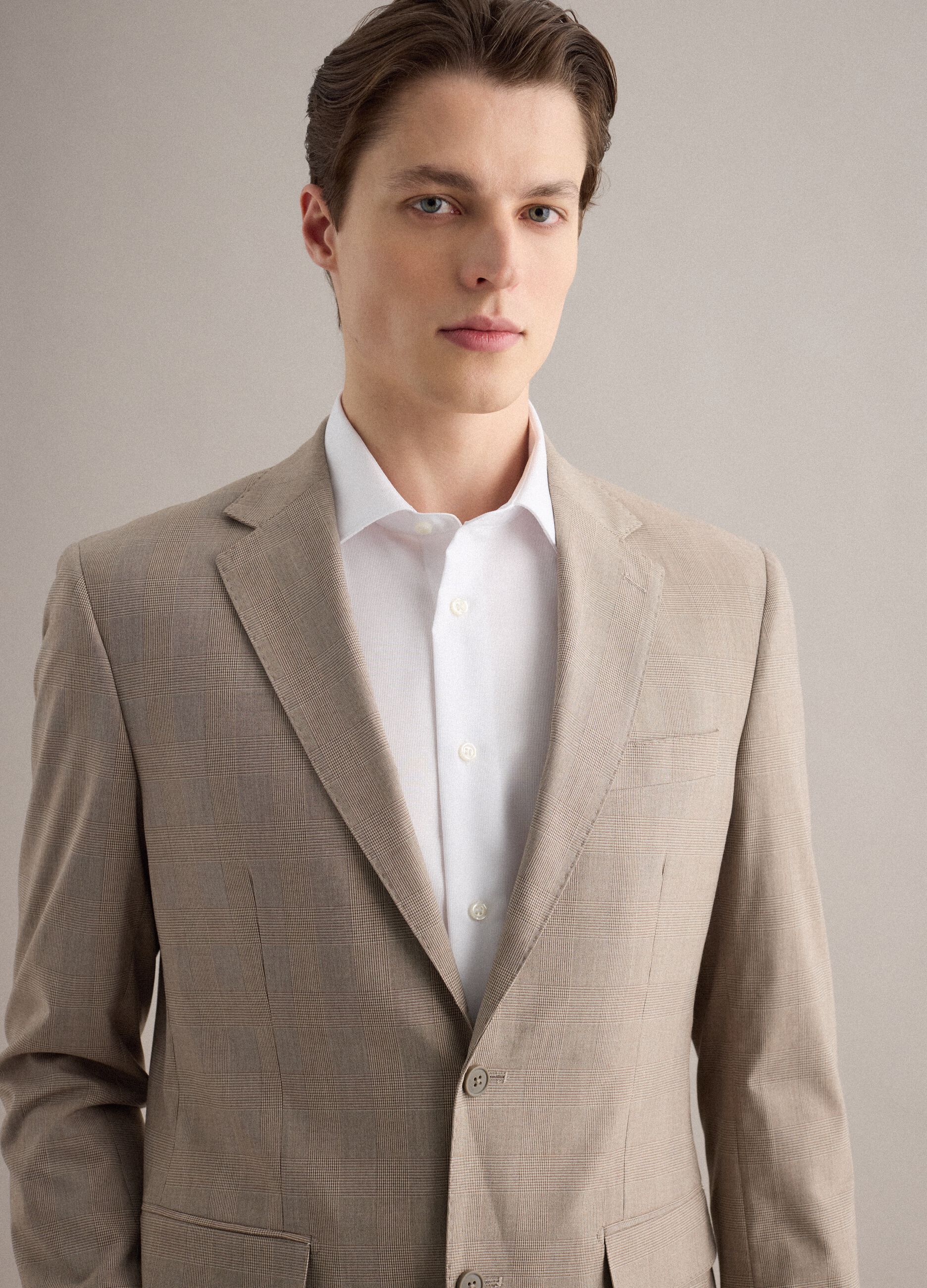 Slim fit beige check cotton blend jacket with lapel
