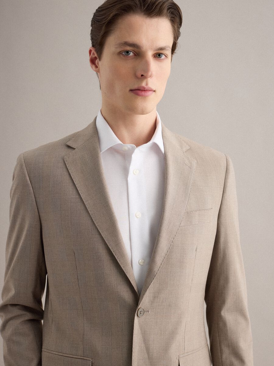 Slim fit beige check cotton blend jacket with lapel_3