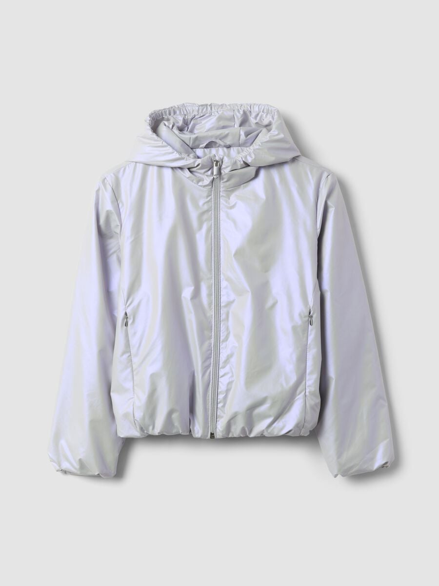 Grey hooded rain jacket with zip for girls_0