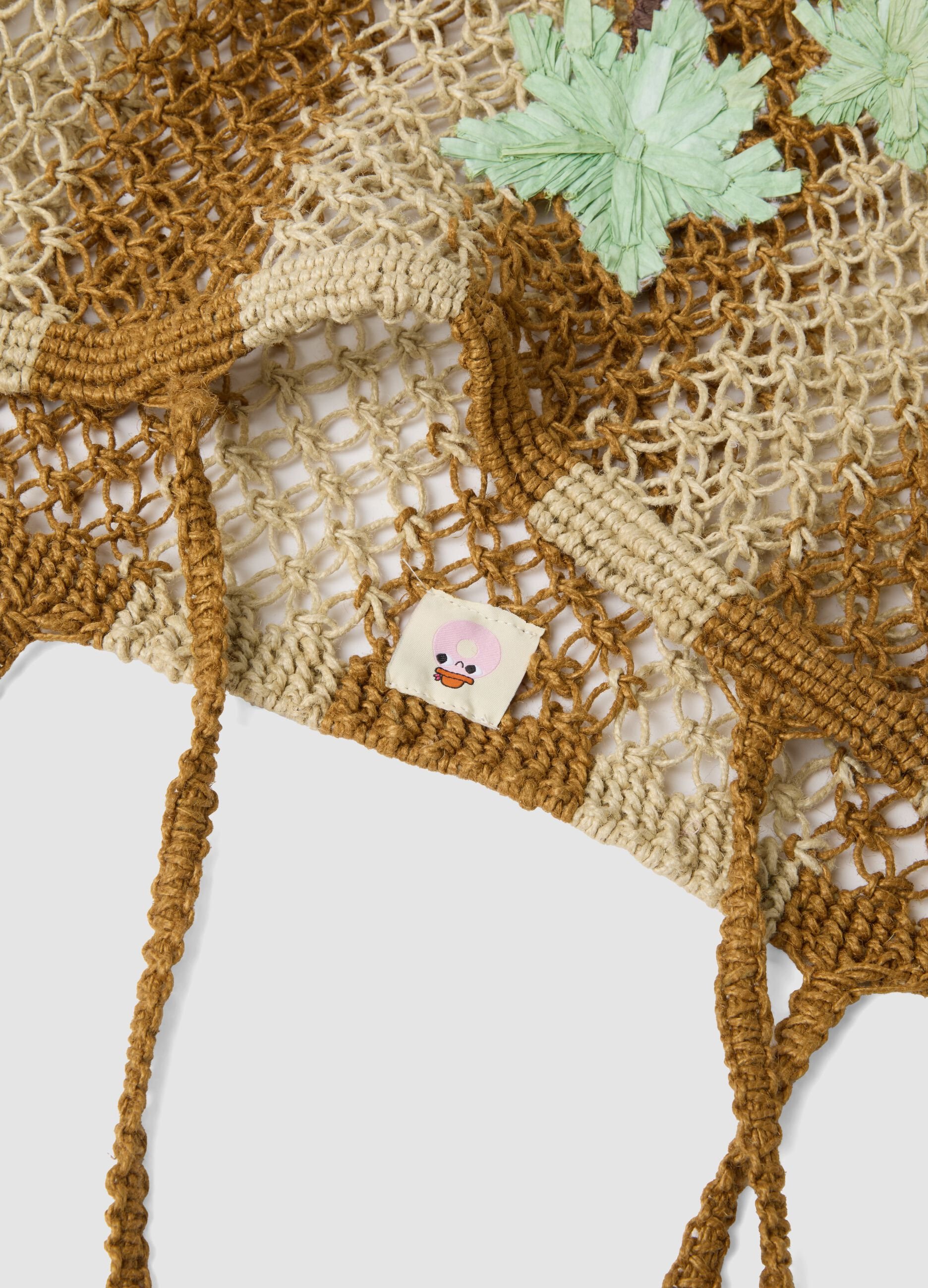 Multicolour woven mesh jute-blend beach bag