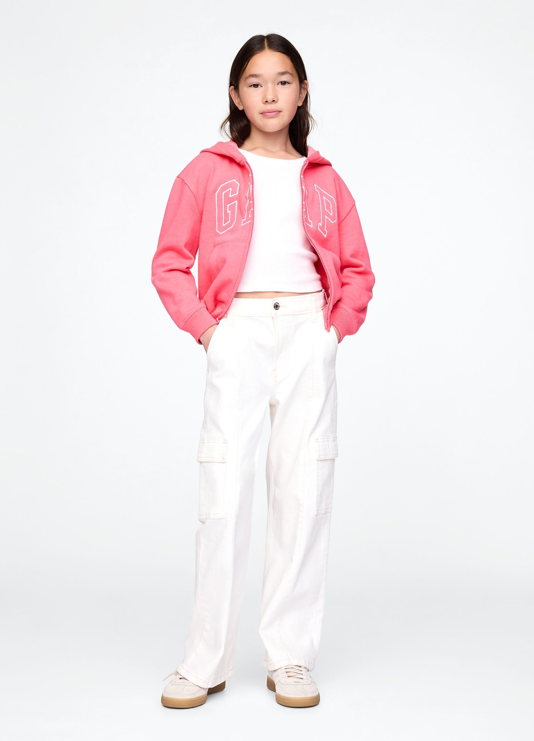 Girls' Regular Fit Pink Cotton Blend Hoodie with Zip