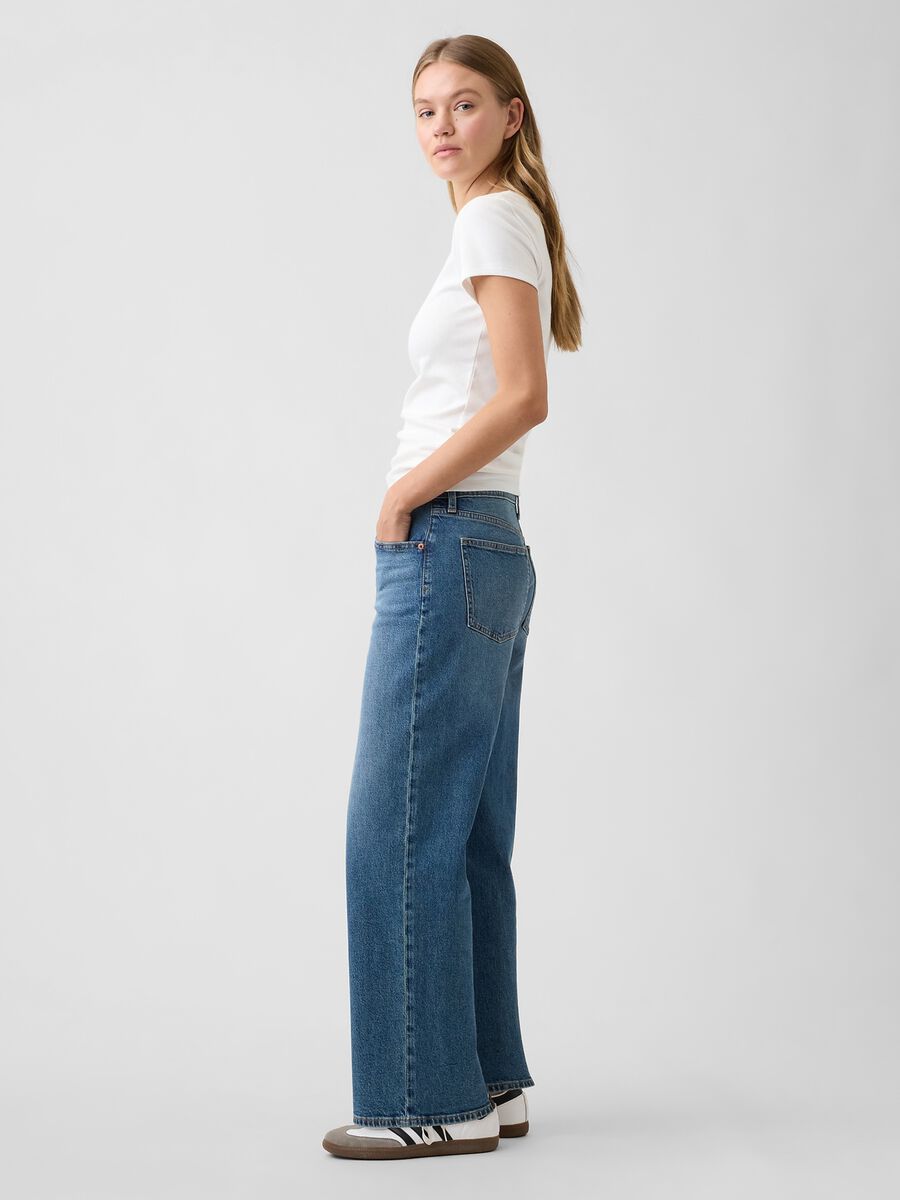 Jeans denim in cotone elasticizzato a gamba ampia_3