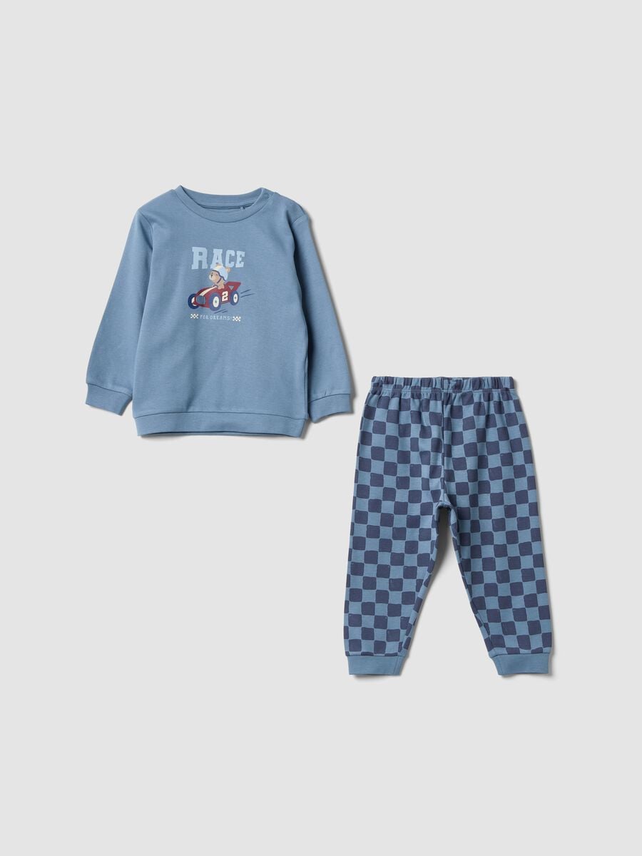 Pigiama blu in puro cotone organico con pantaloni a quadri per neonato_0