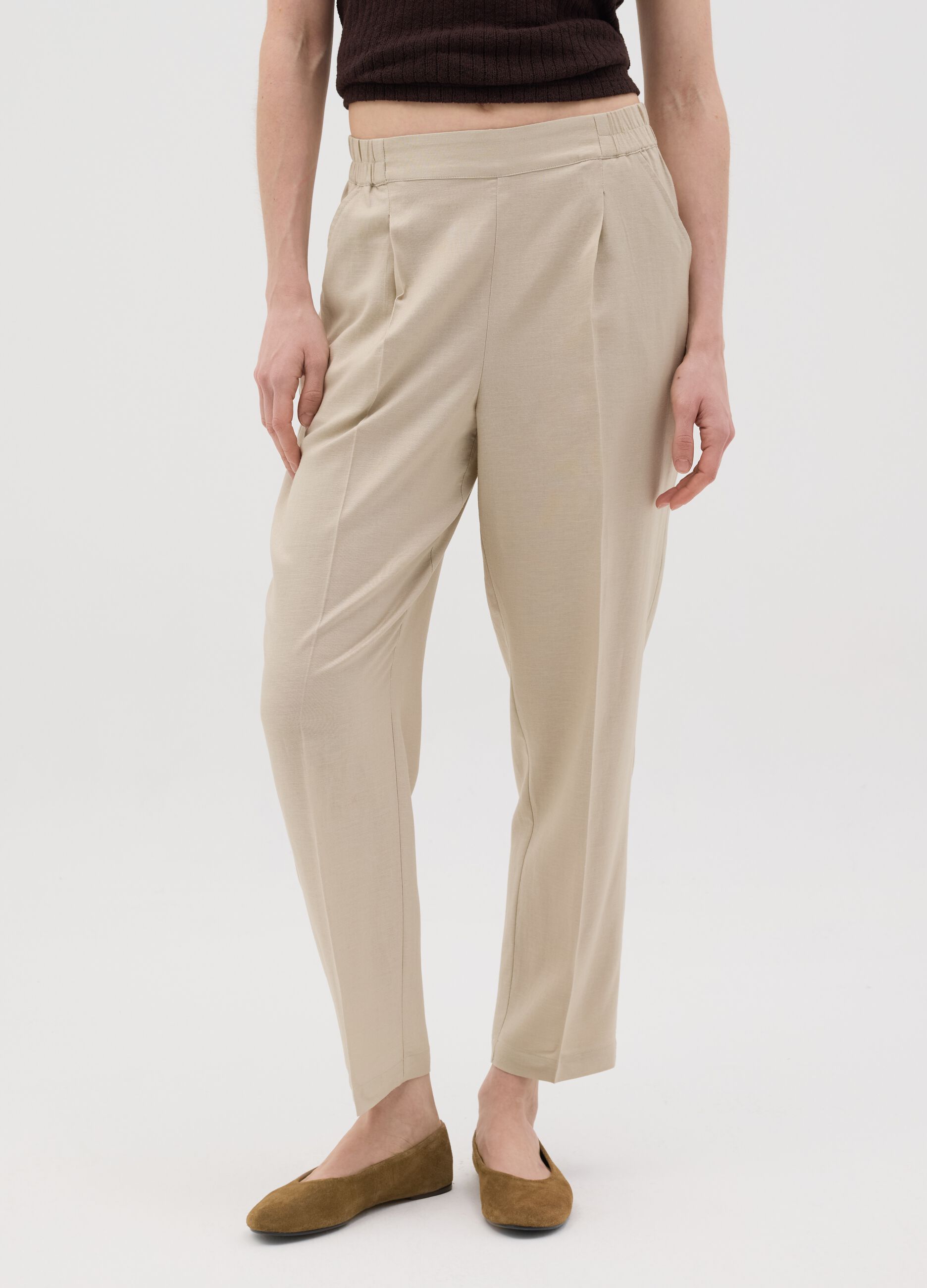 Women's beige straight trousers in viscose and linen blend
