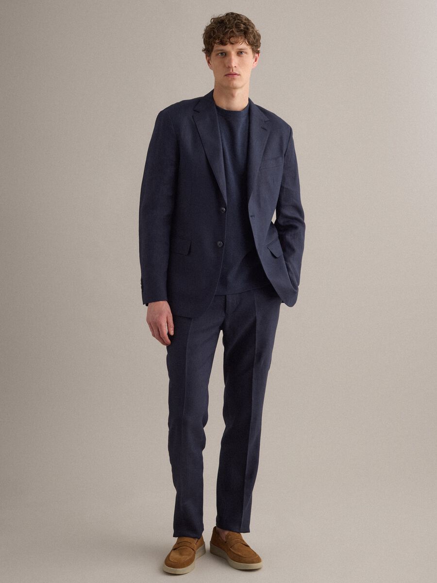 Pantaloni in puro lino blu regular fit_0