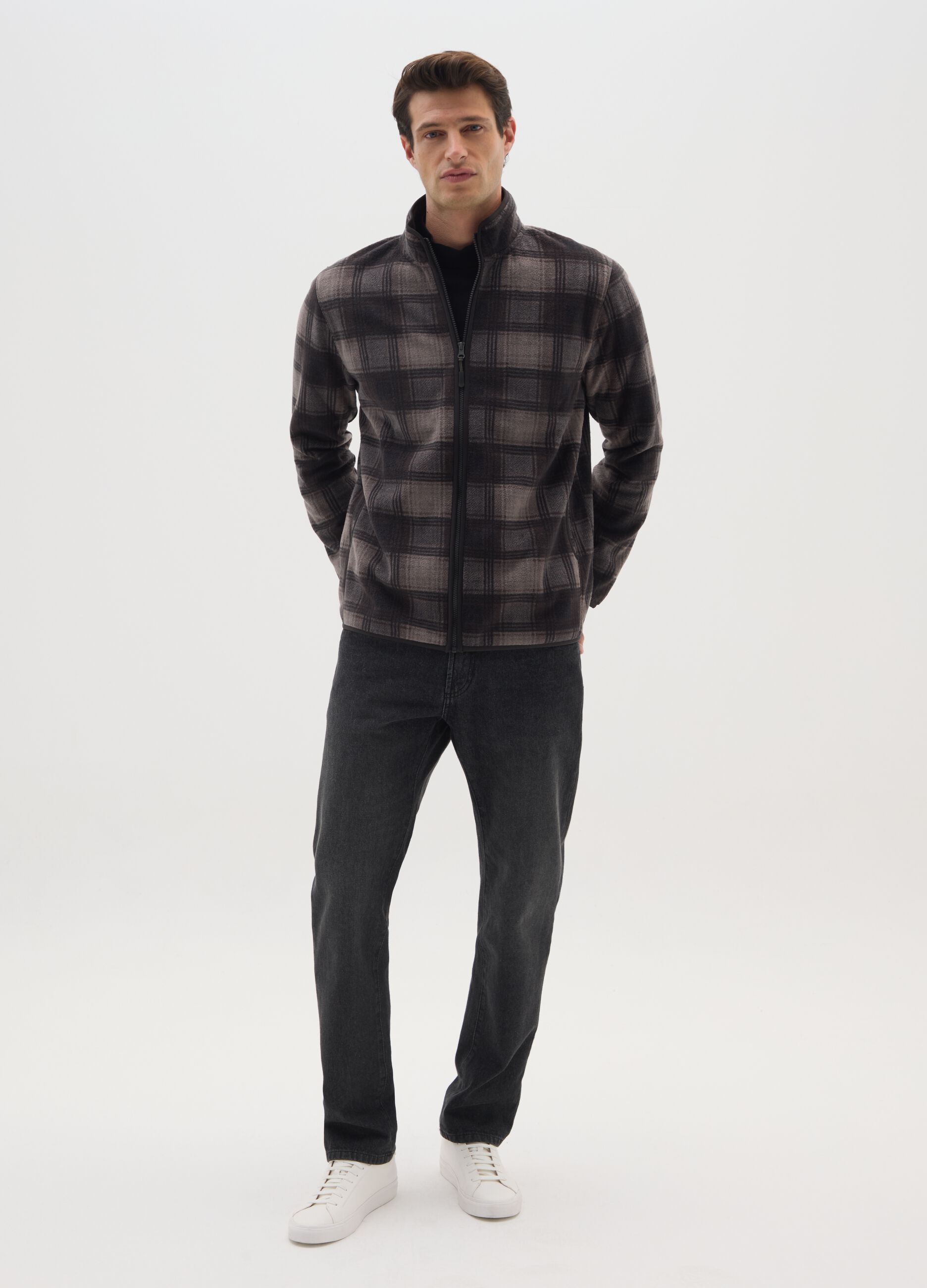 Multicolour Check High Collar Fleece Zip Jacket Regular Fit