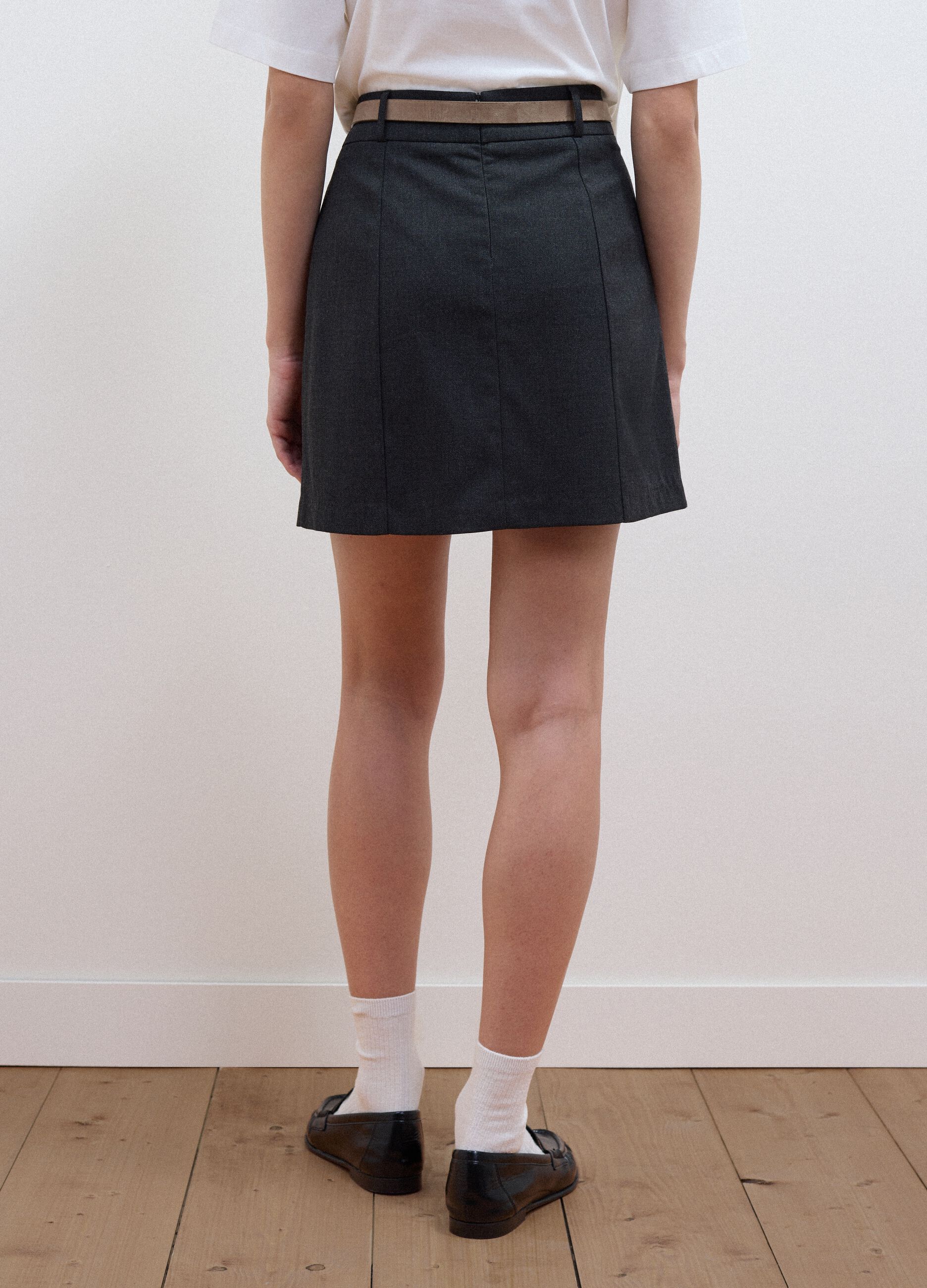 Grey stretch viscose mini skirt with belt
