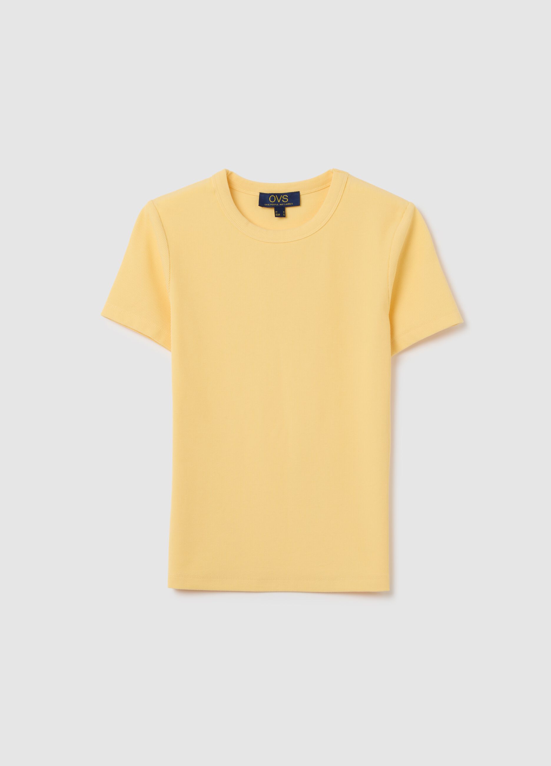T-shirt da donna in cotone elasticizzato gialla regular fit