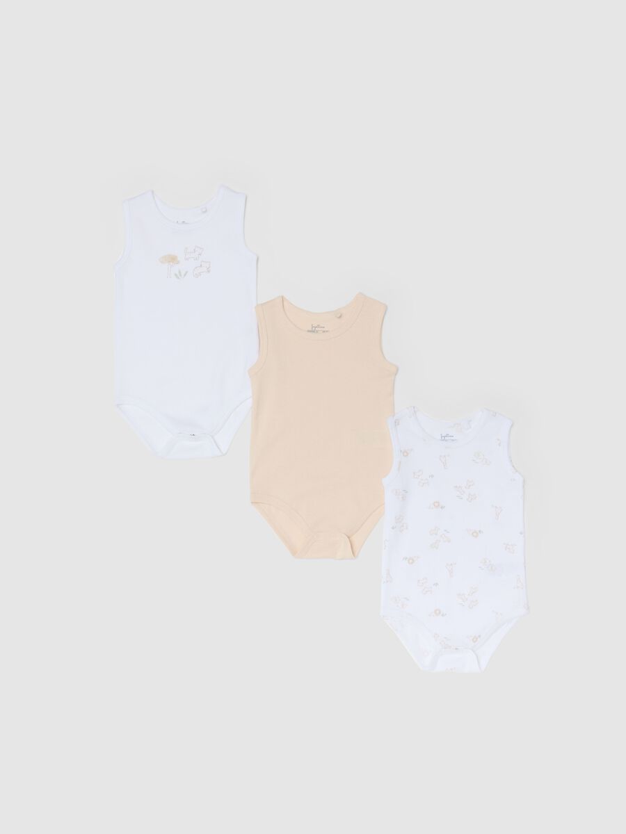 Multicolour sleeveless cotton baby bodysuit trio pack_0