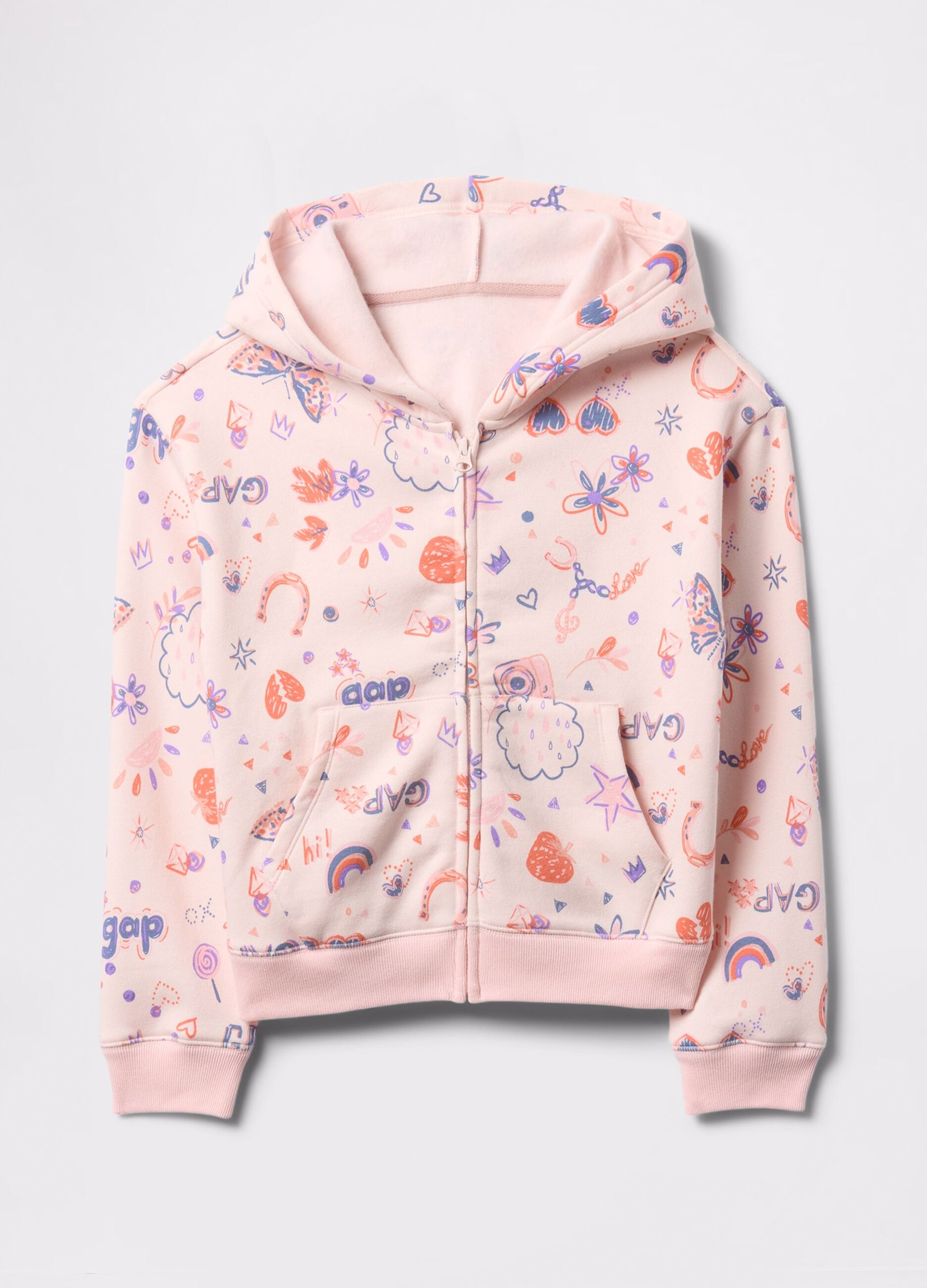 Pink full-zip sweatshirt with hood and all-over print