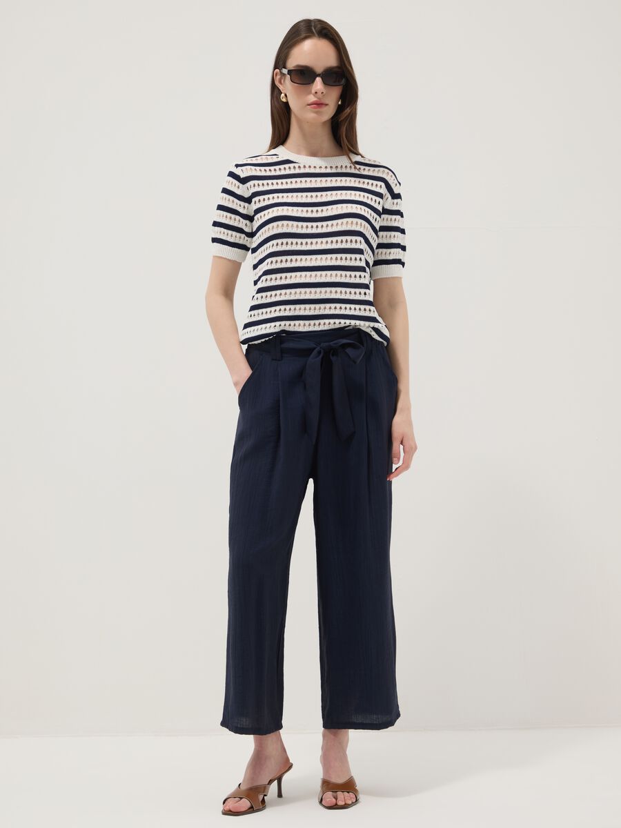 White and blue striped regular-fit openwork viscose-blend T-shirt_1