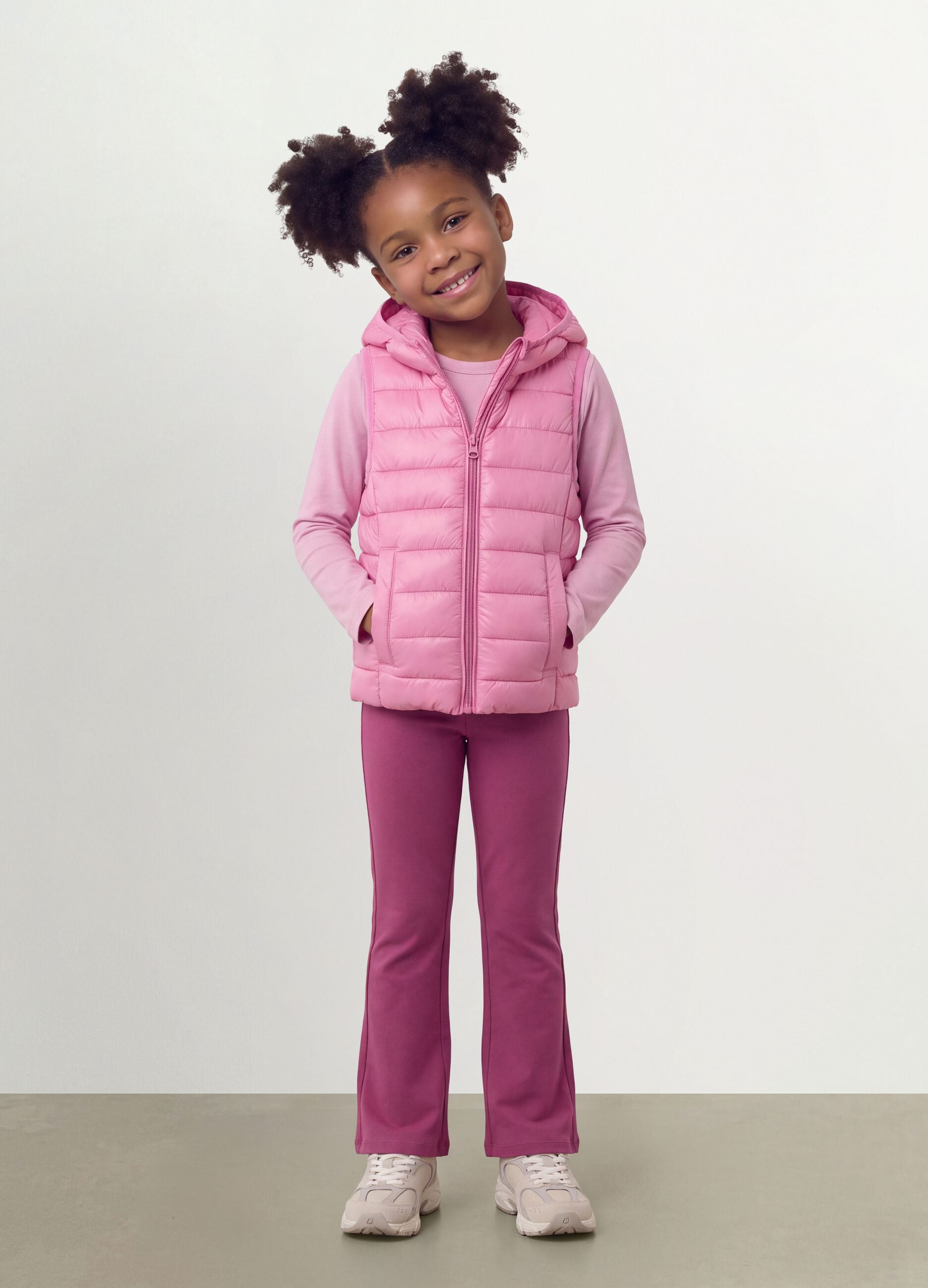 Pink padded ultralight gilet with hood and zip for girls