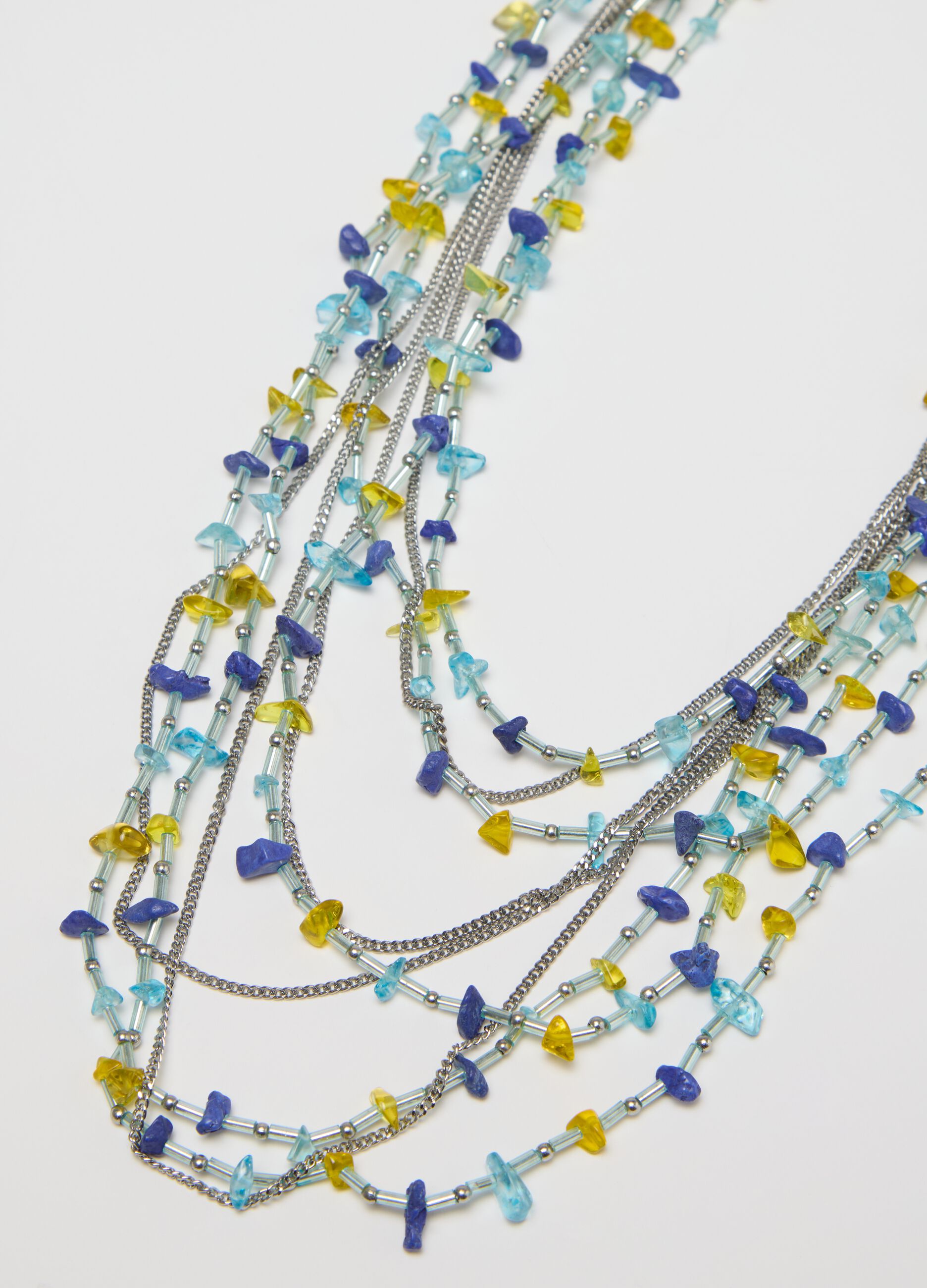 Long multi-strand necklace with coloured beads