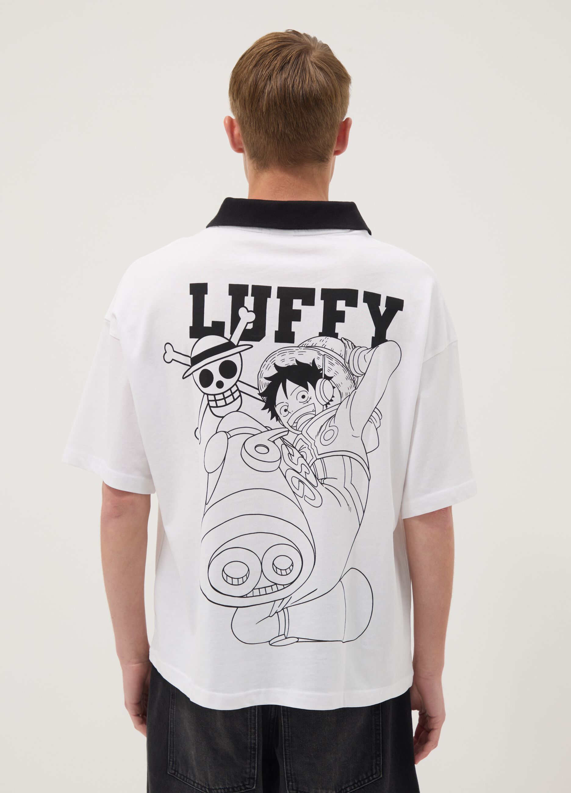 White pure-cotton T-shirt with contrast collar and One Piece print