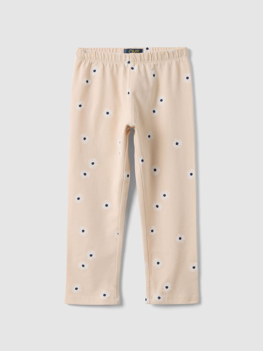 Girls' beige skinny leggings in stretch cotton with flowers_0