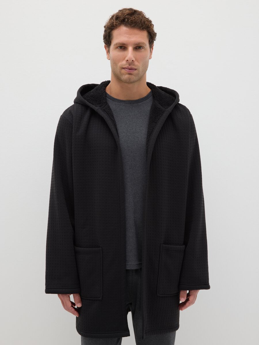 Black Checked Dressing Gown with Hood and Belt_1