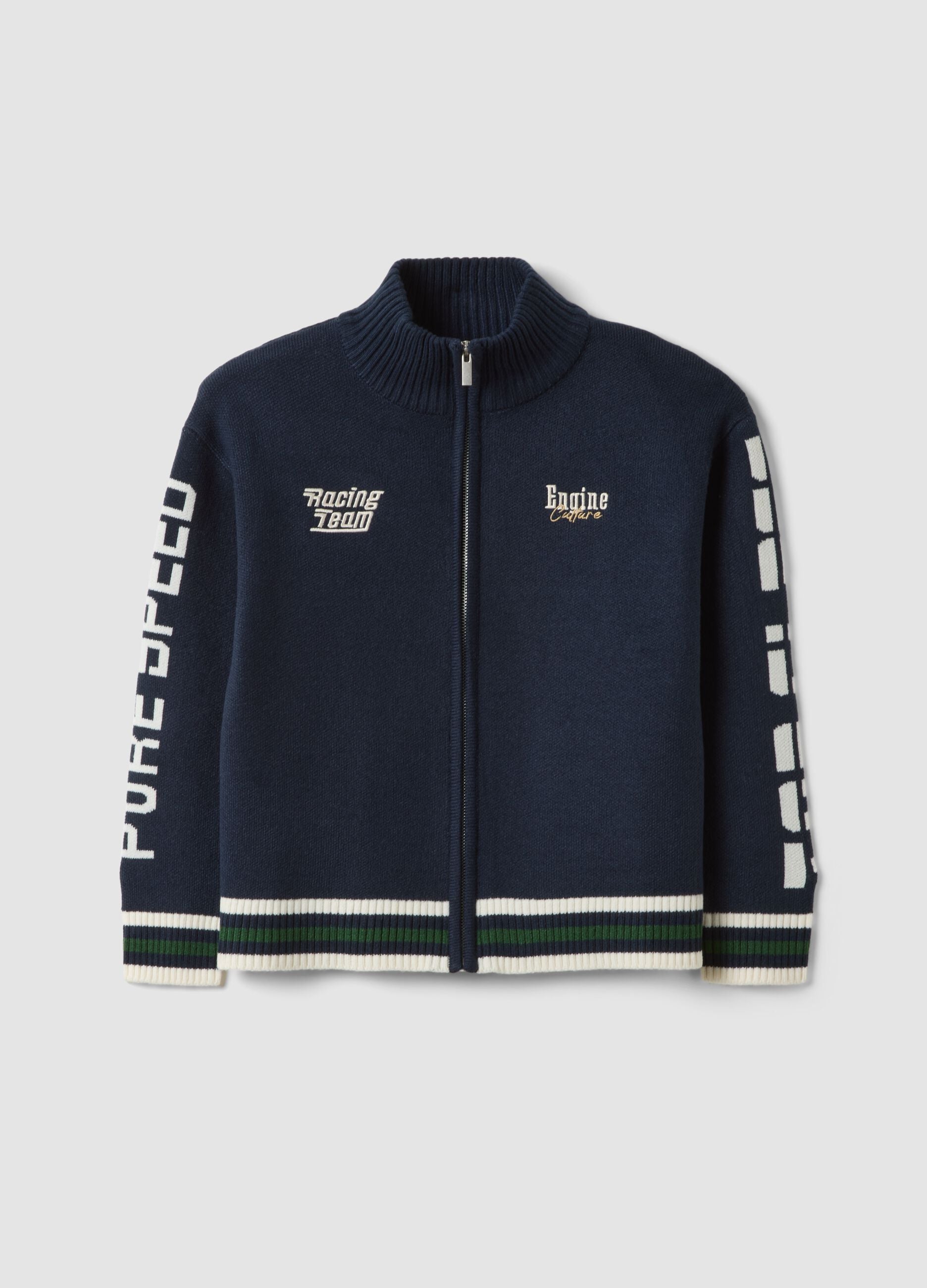 Blue zip-up cardigan with racing embroidery