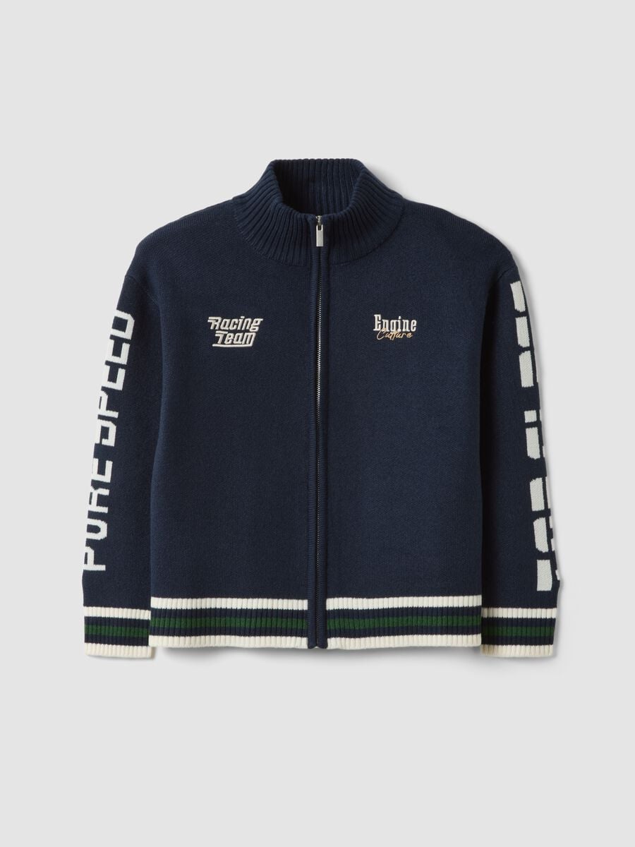 Blue zip-up cardigan with racing embroidery_0