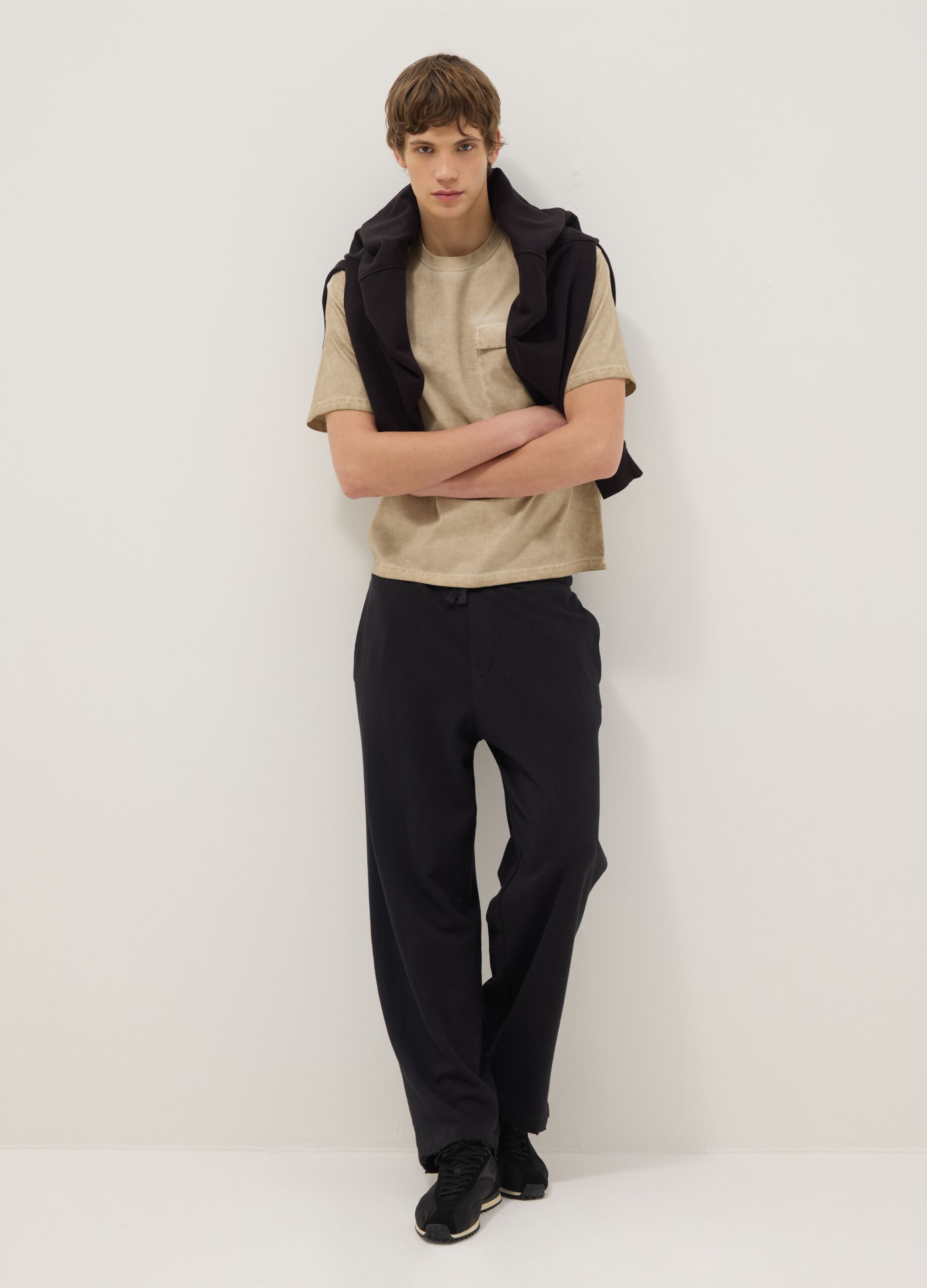 Beige pure cotton regular fit t-shirt with pocket