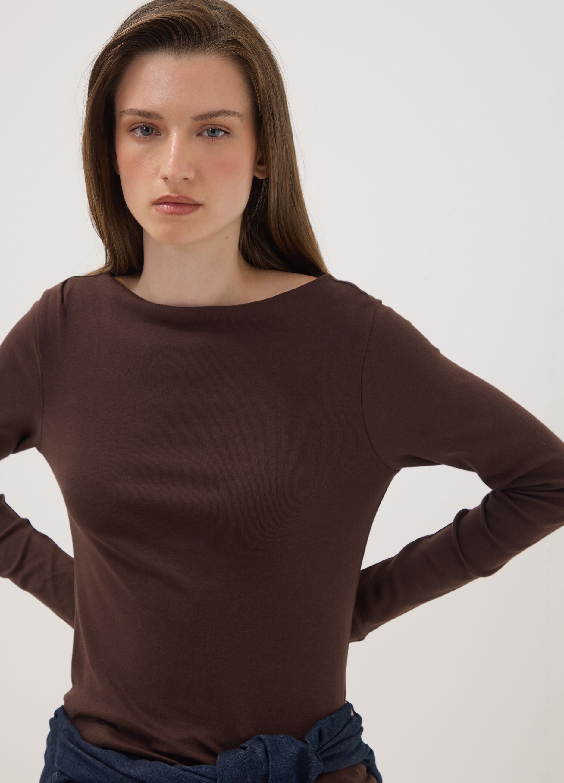 Brown pure cotton crew-neck T-shirt