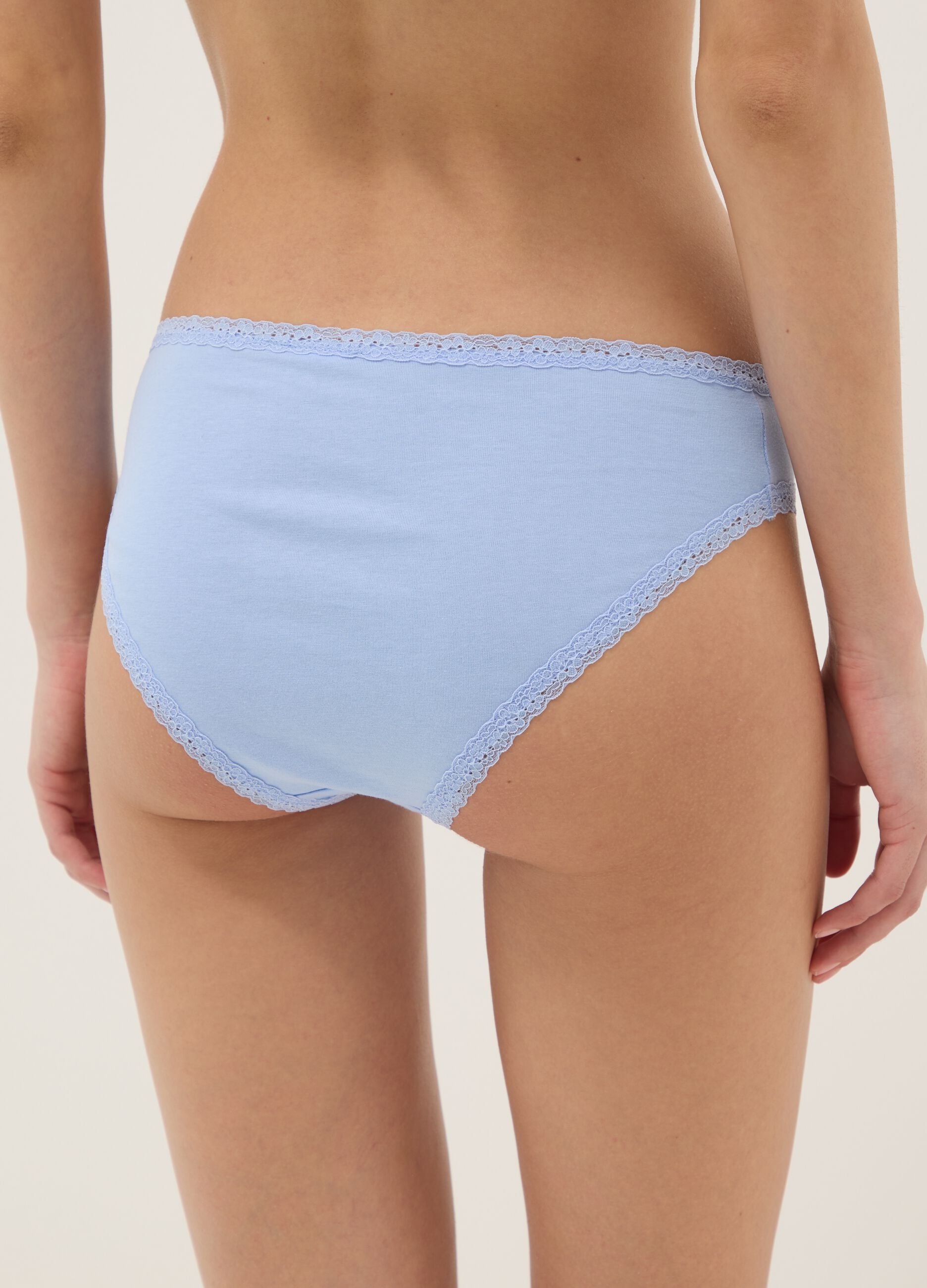 Regular fit blue stretch cotton briefs with lace details