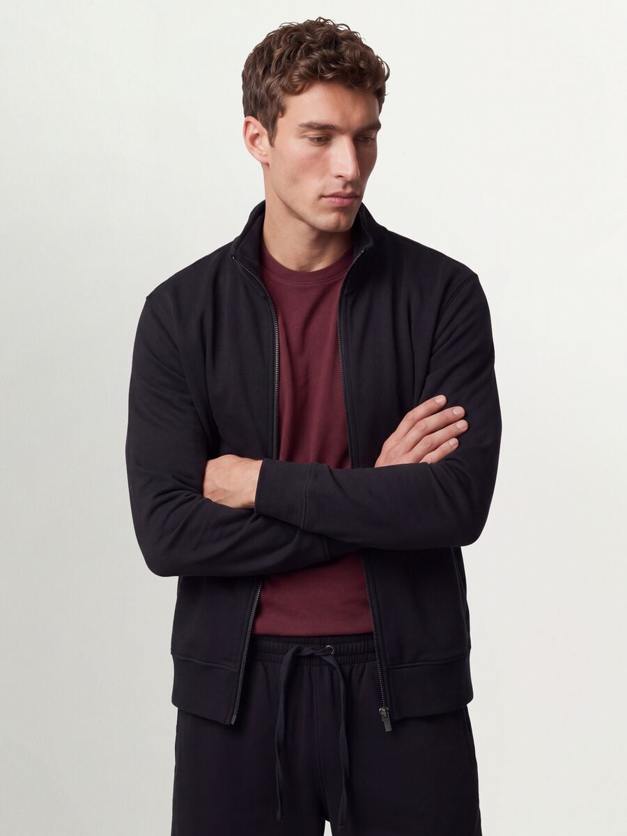Black cotton-blend sweatshirt with crew neck and zip, regular fit_0