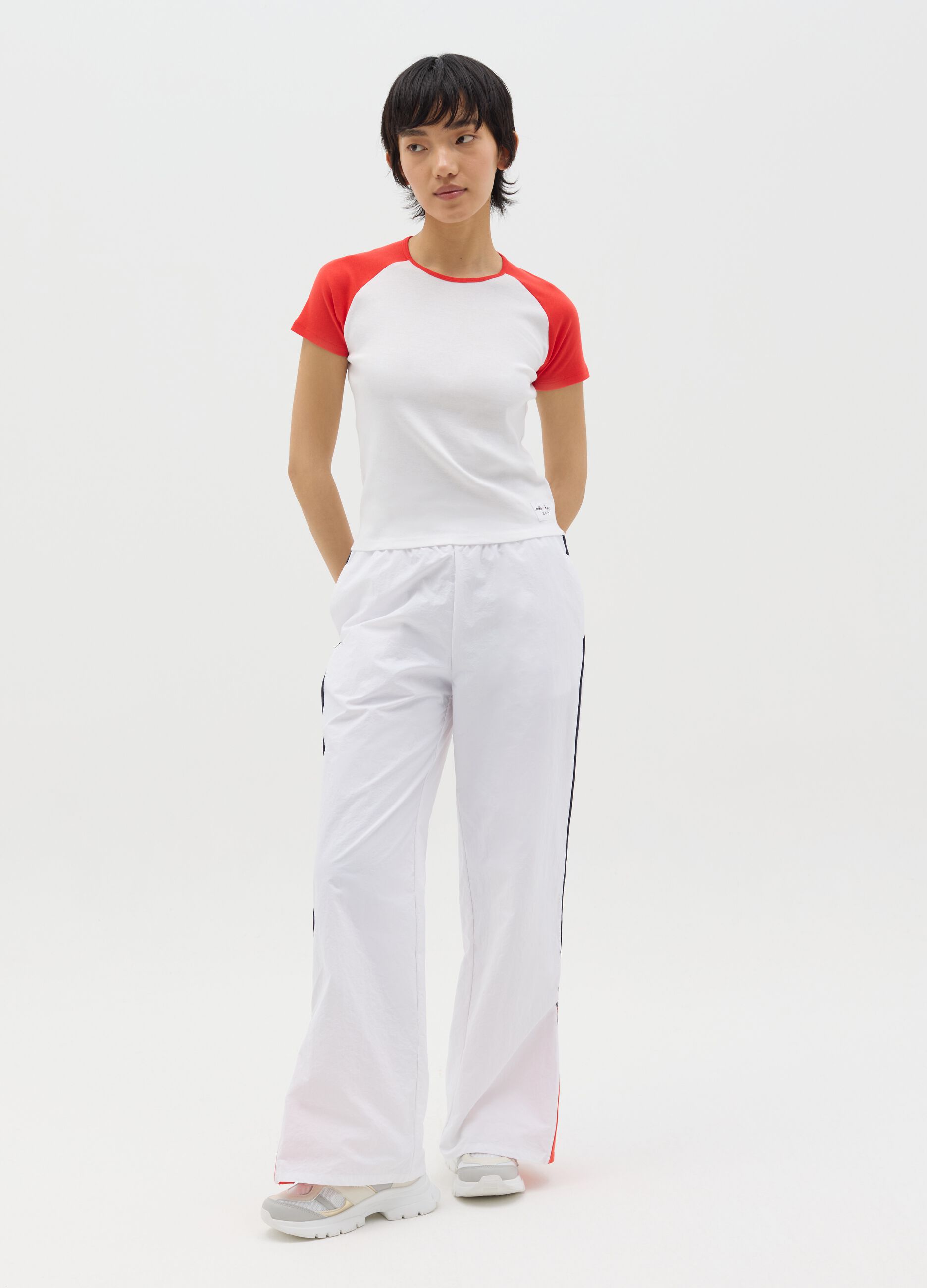 White T-shirt with red raglan sleeves