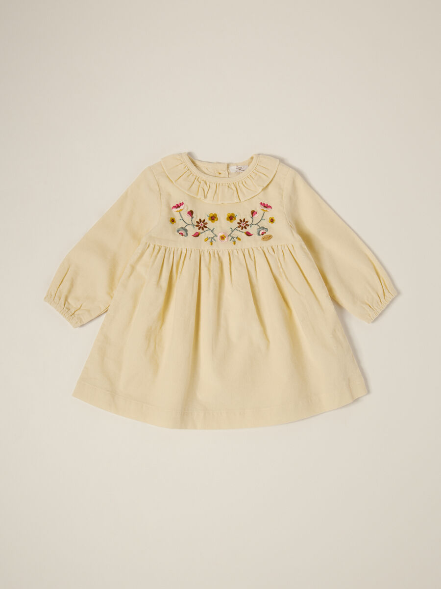 Beige corduroy dress with floral embroidery_0