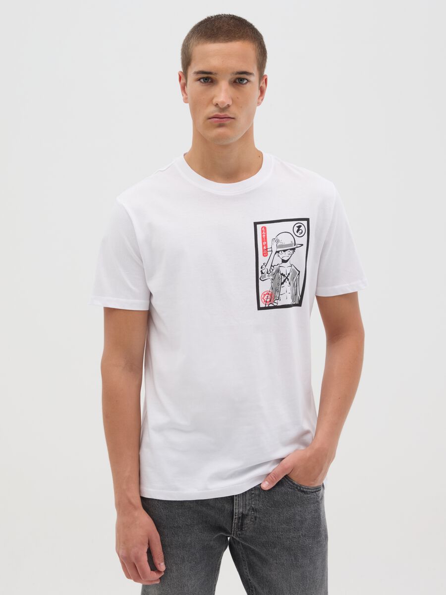 Men's white cotton regular fit T-shirt with black print_0
