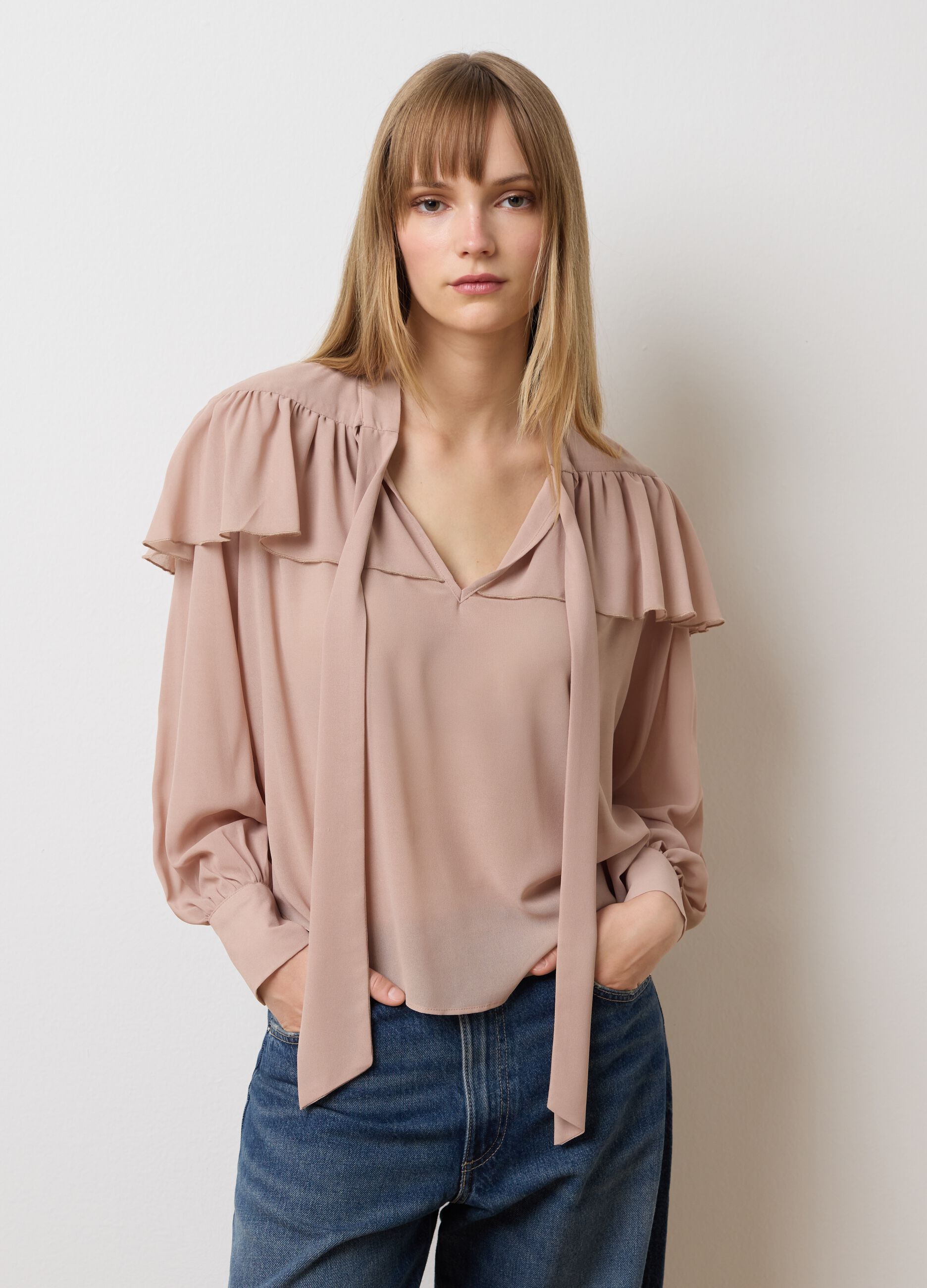 Beige Crepe Regular Fit Blouse with Ruffles