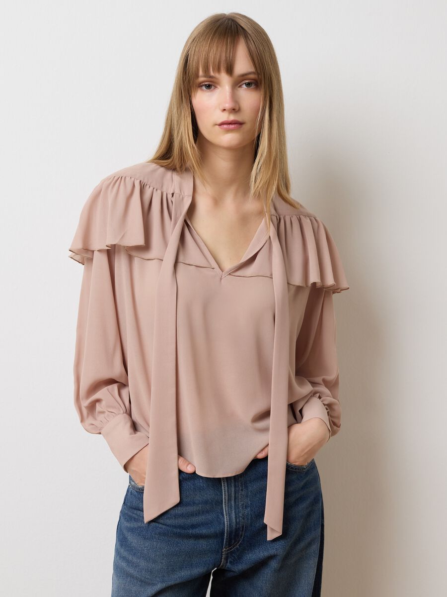 Beige Crepe Regular Fit Blouse with Ruffles_1