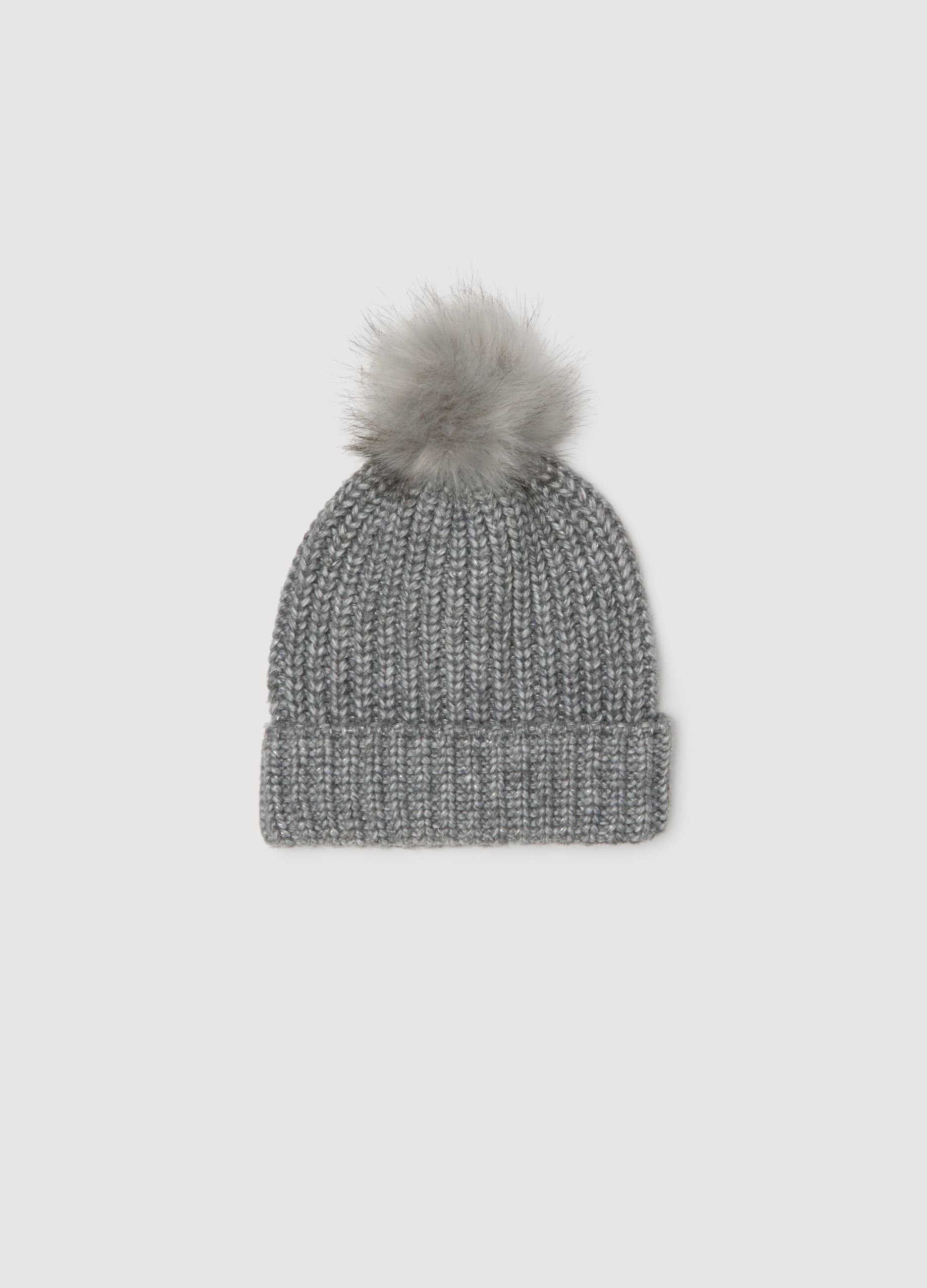 Grey hat with pompom in jersey knit