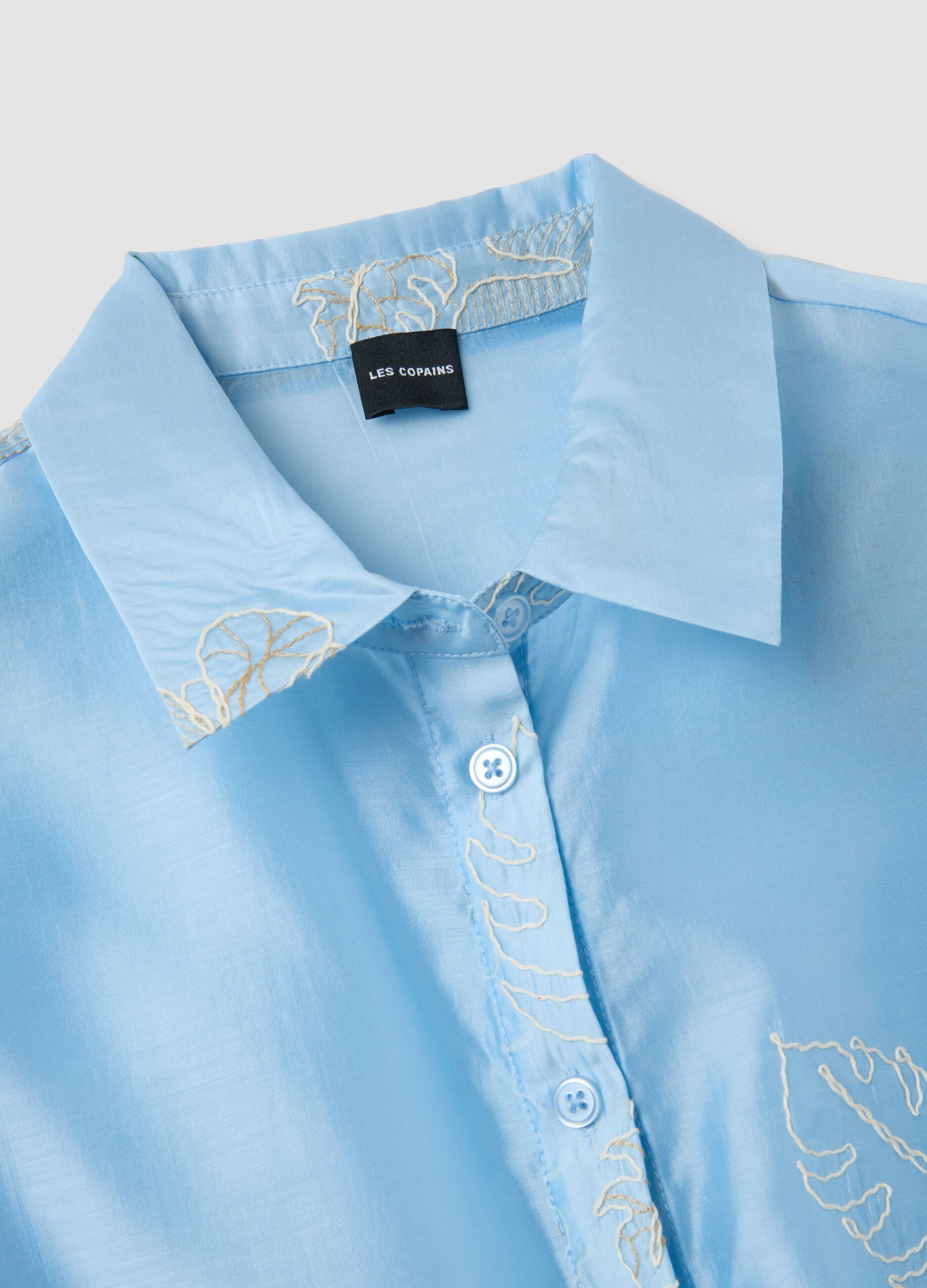 Regular fit blue lyocell blend shirt with floral embroidery