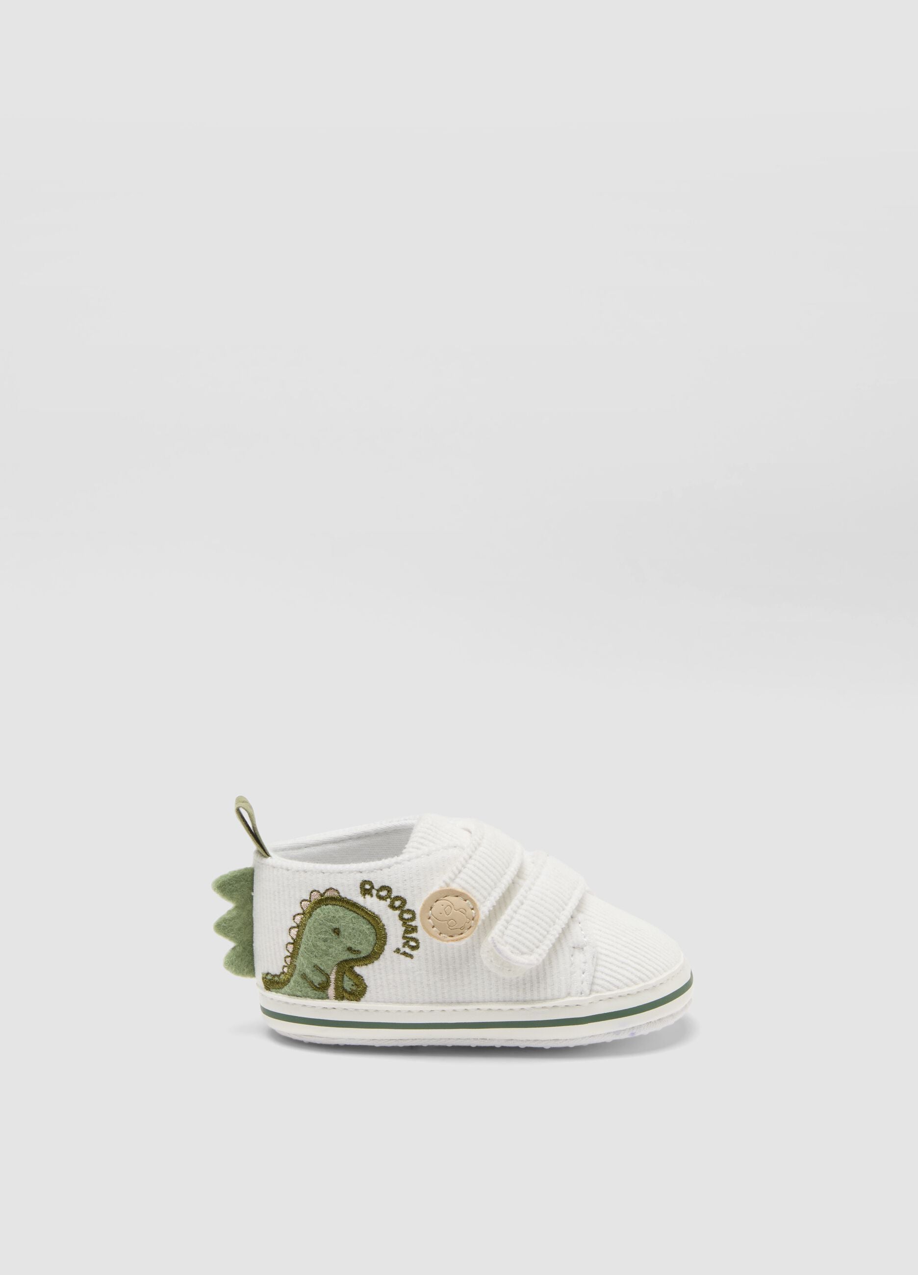 Scarpine bianche con dinosauro e chiusura a strappo