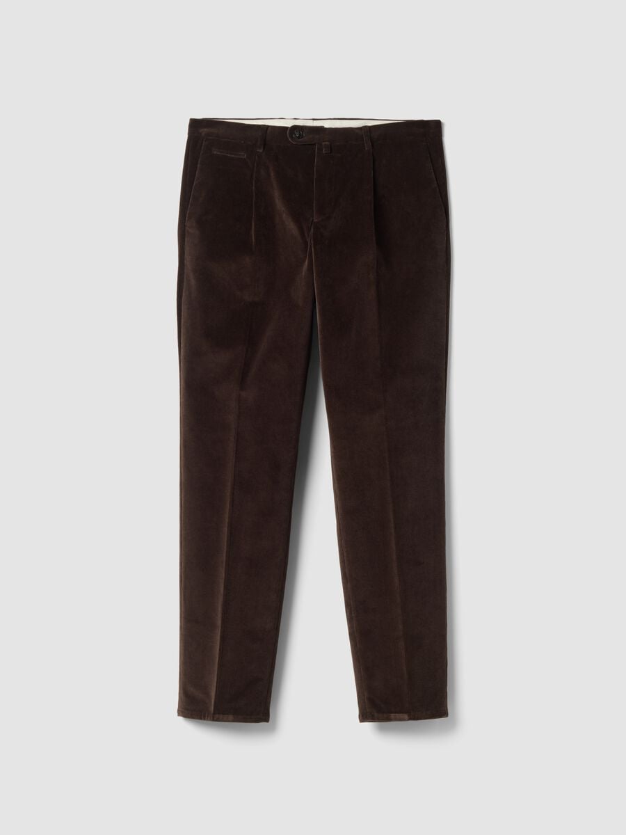 Pantaloni marroni in cotone elasticizzato regular fit a coste_0