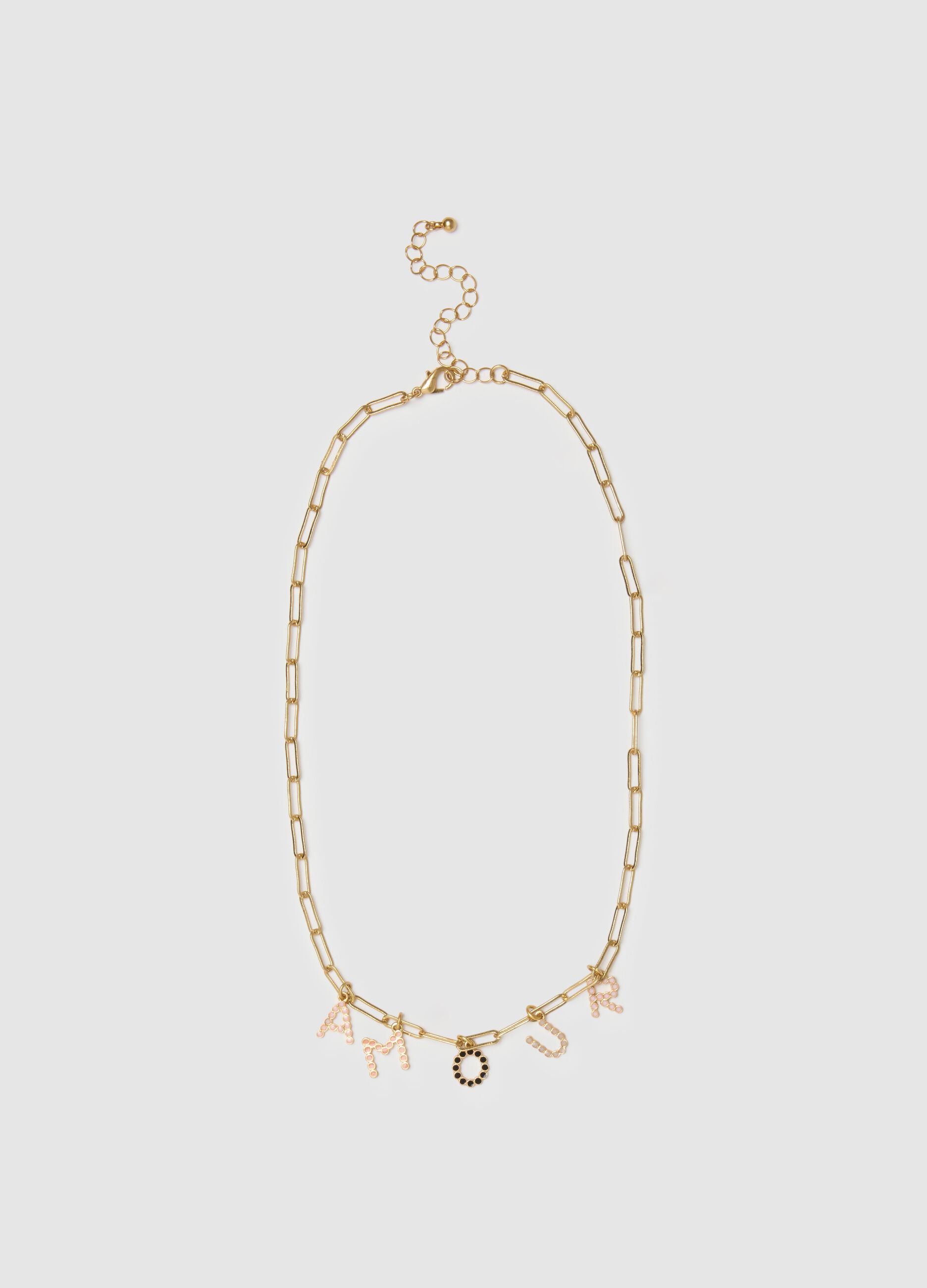 Gold-coloured necklace with letter charms and black crystal