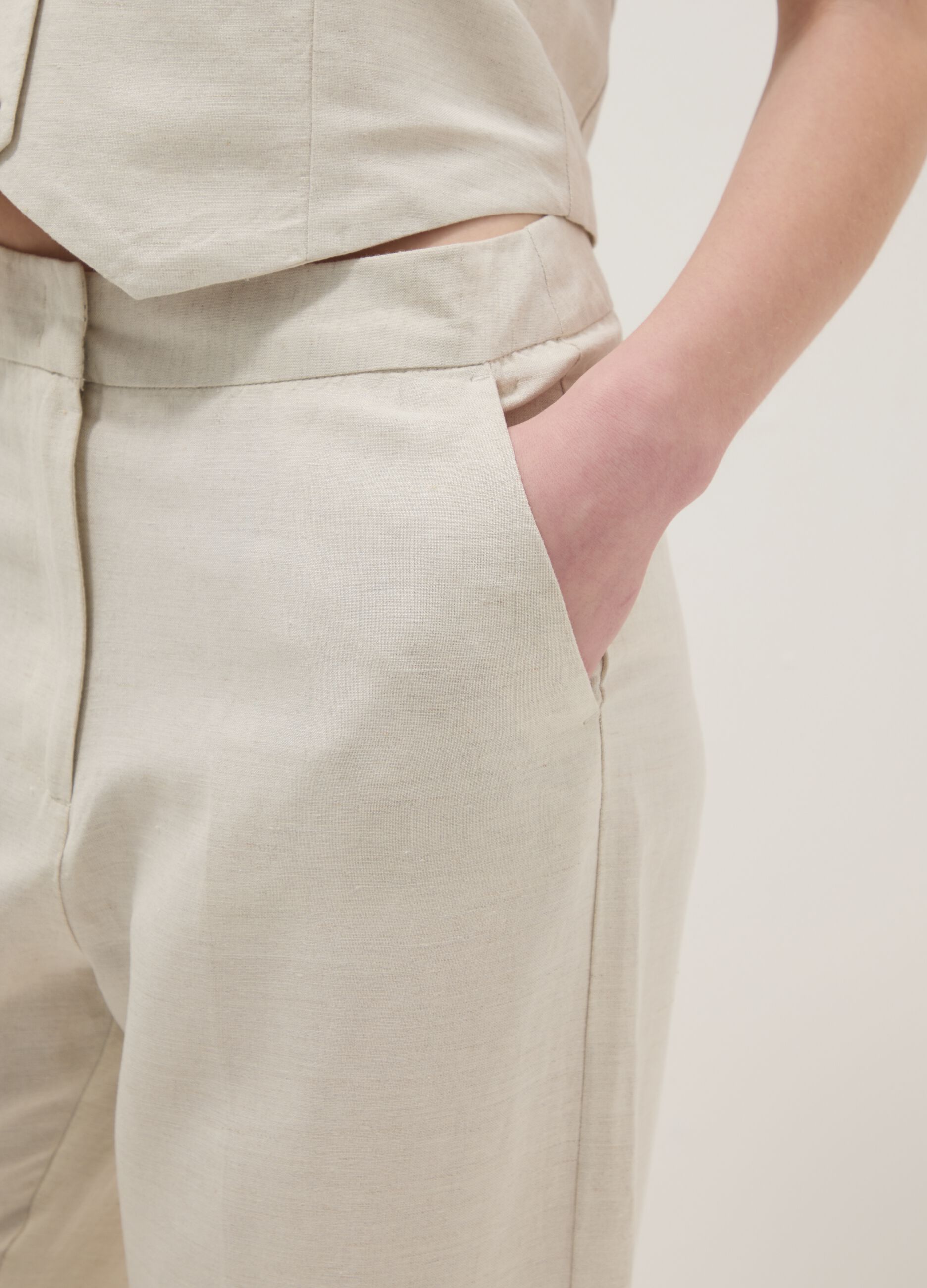 Beige linen and viscose blend straight fit trousers
