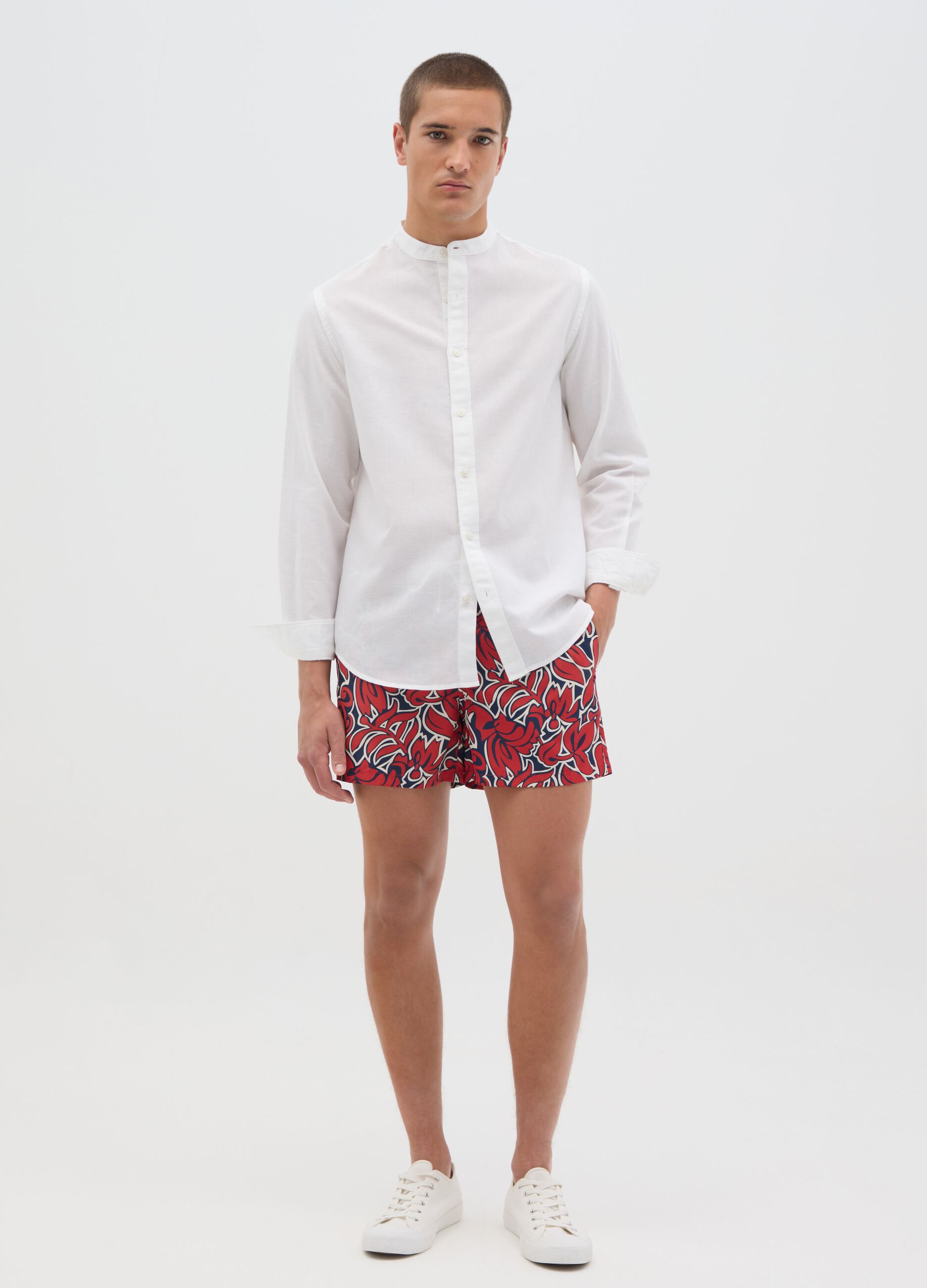 Red Floral Print Swim Shorts