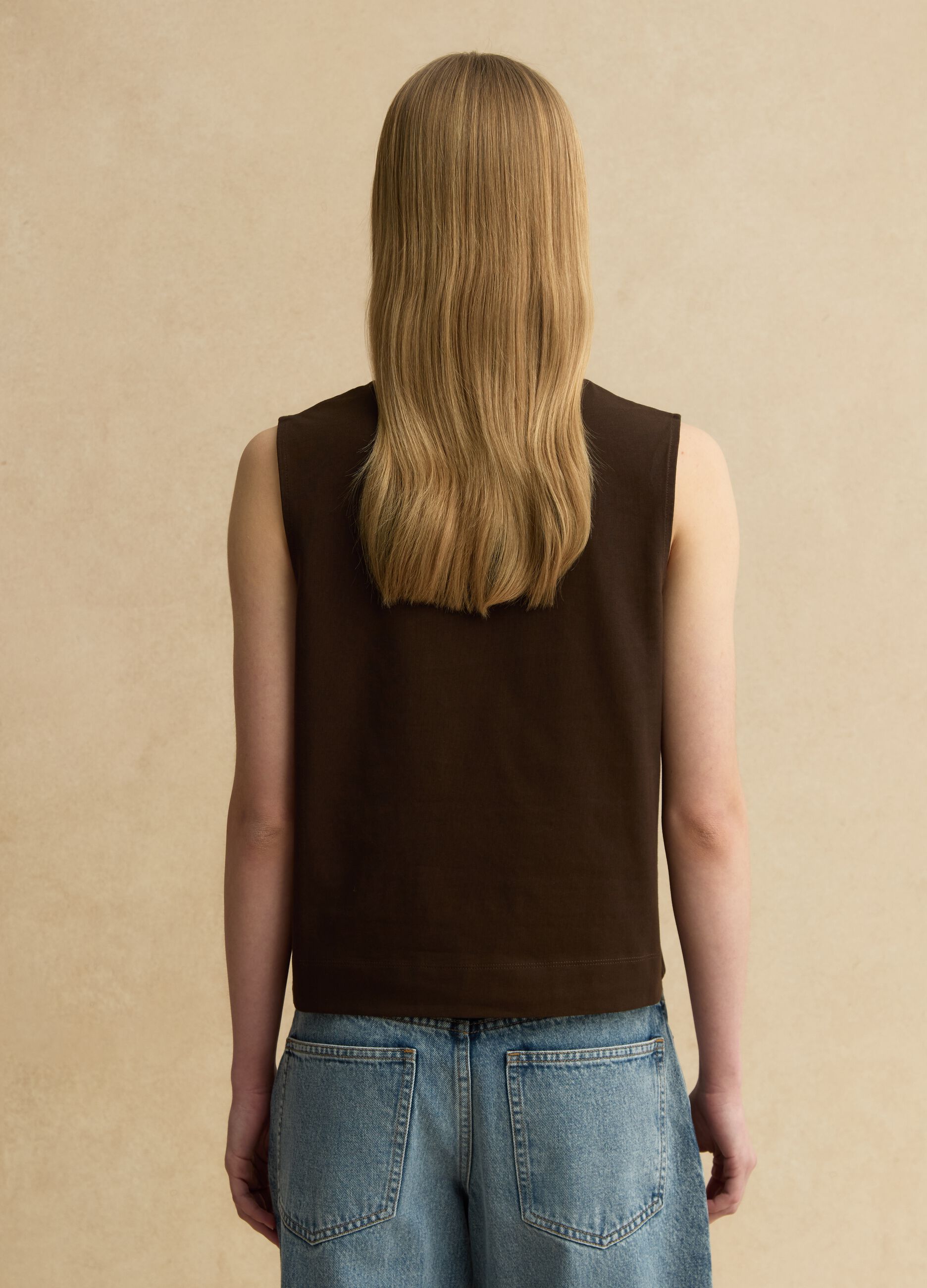 Brown pure cotton regular fit tank top with embroidery