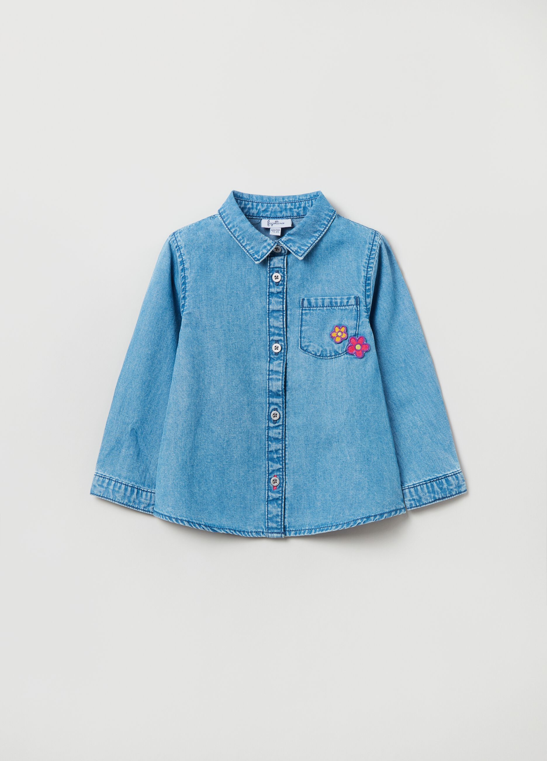 Camicia in denim con patch fiori_0